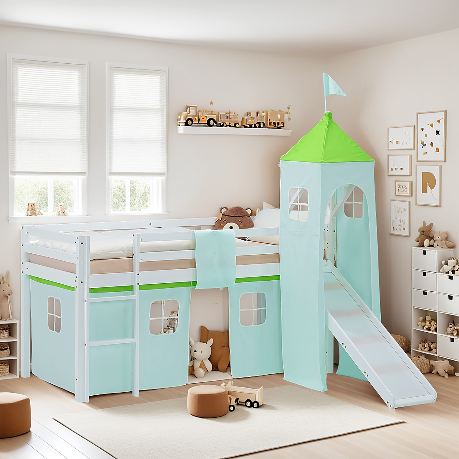 Loft Bed for Kids 90x200 cm White with Curtain in Green | Slide | Tower | with Slatted Frame and Mattress