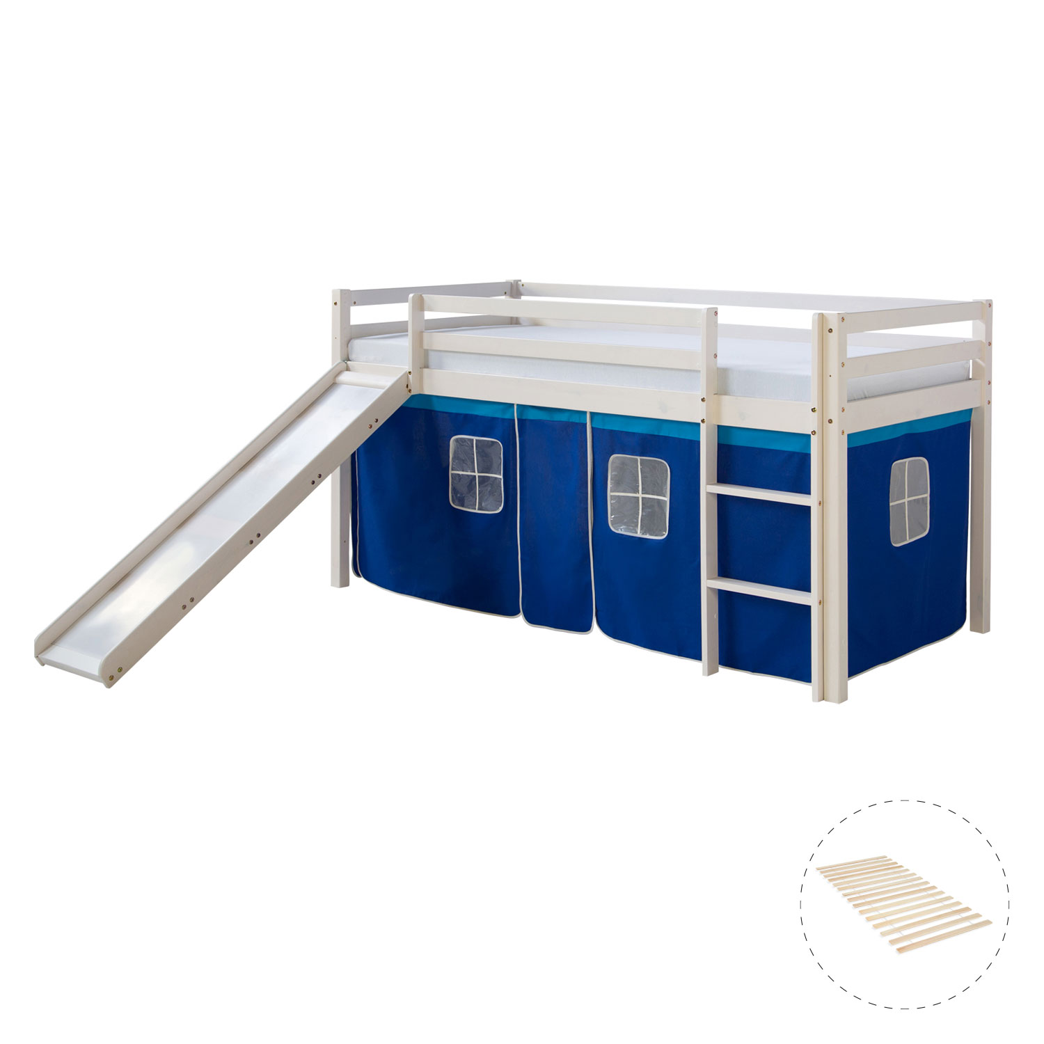 Loft Bed Kids 90x200 cm White with Curtain in Blue | Slide | with Slatted Frame