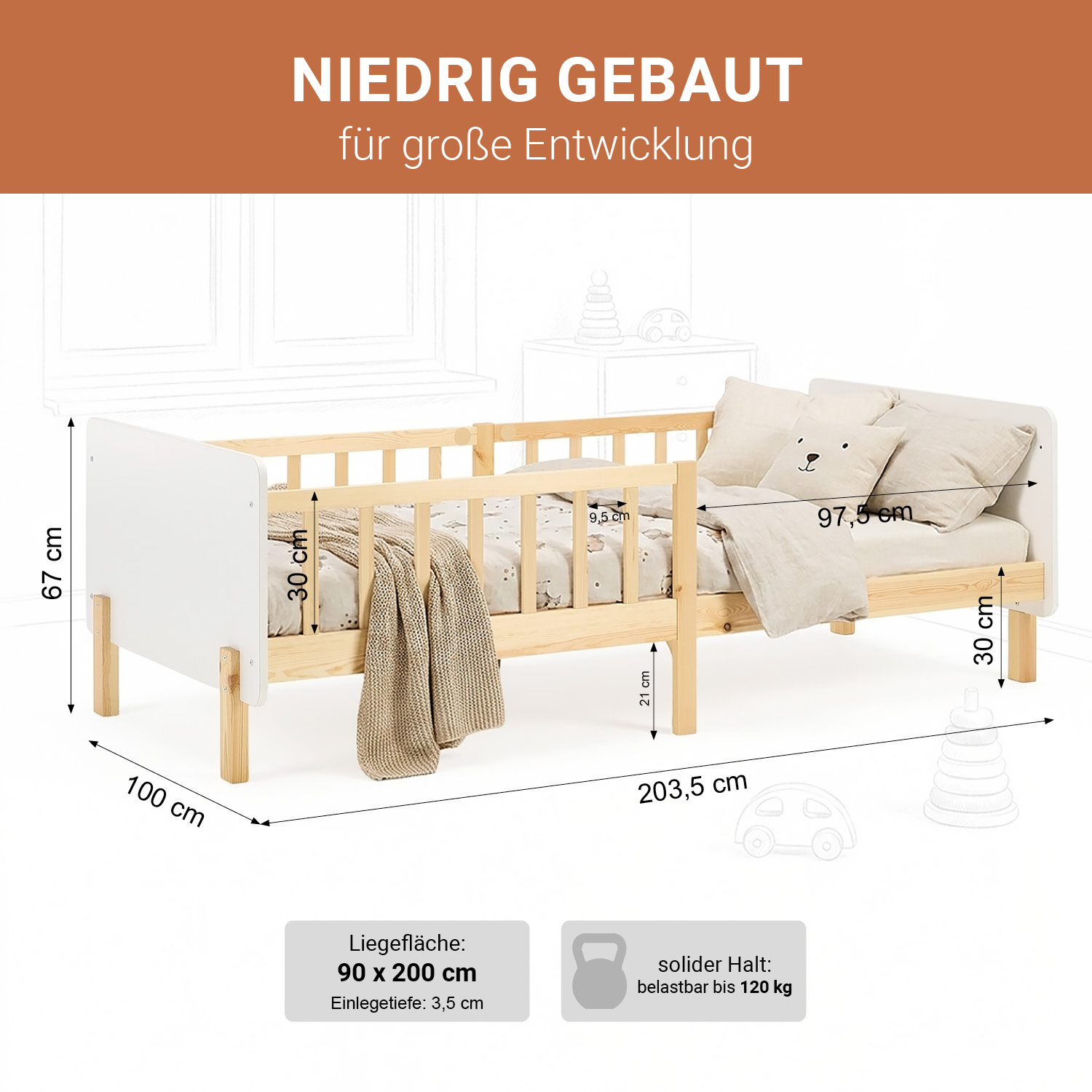 Single bed 90x200 cm White with Mattress Wooden Bed frame Toddler bed with safety rail Kids bed Childrens bed Slatted frame