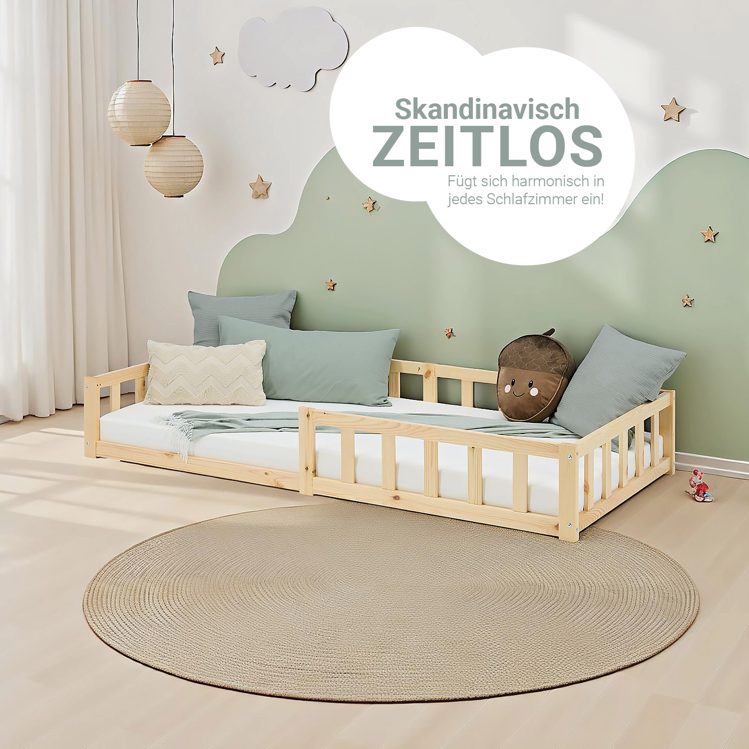 Children's Bed 90x200 Natural | Floor Bed with Mattress & Slatted Frame | with Fall Protection | Montessori