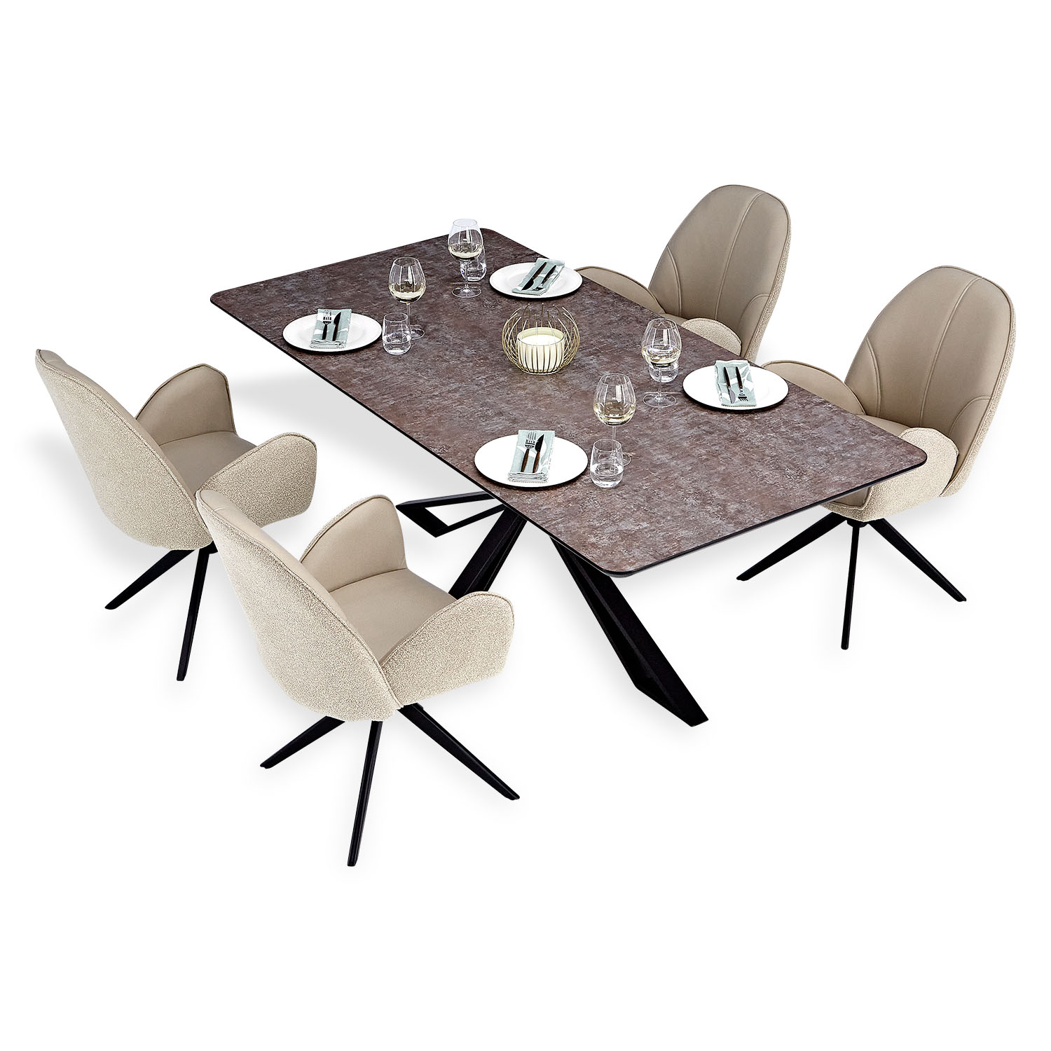 Dining set | 4-piece set upholstered chairs beige bouclé Leder with armrest | swivel | dining table brown metal frame 200 x 100 cm