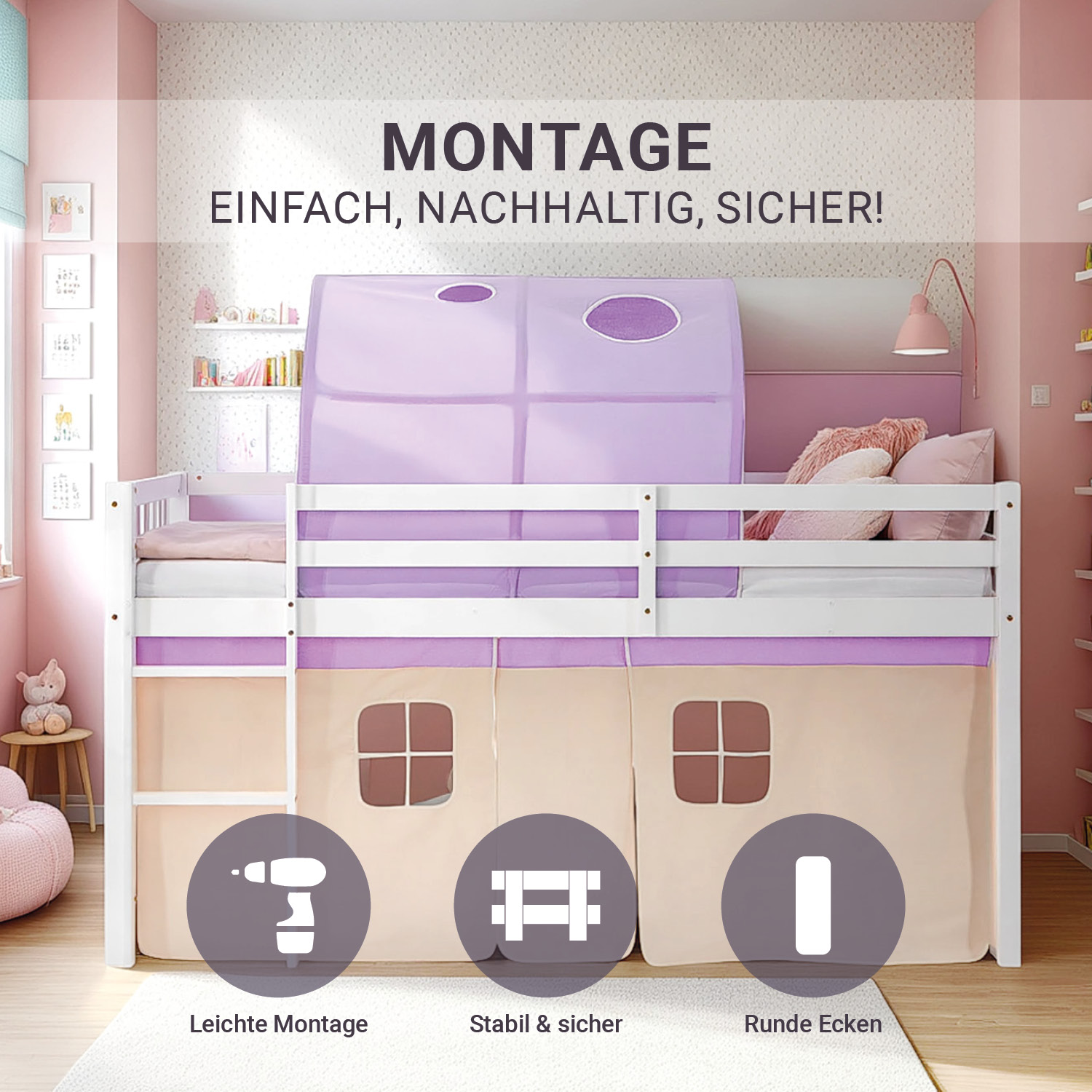 Children's Loft Bed 90x200 cm, White with Purple-Beige Curtain | Tunnel | Includes Slatted Base and Mattress