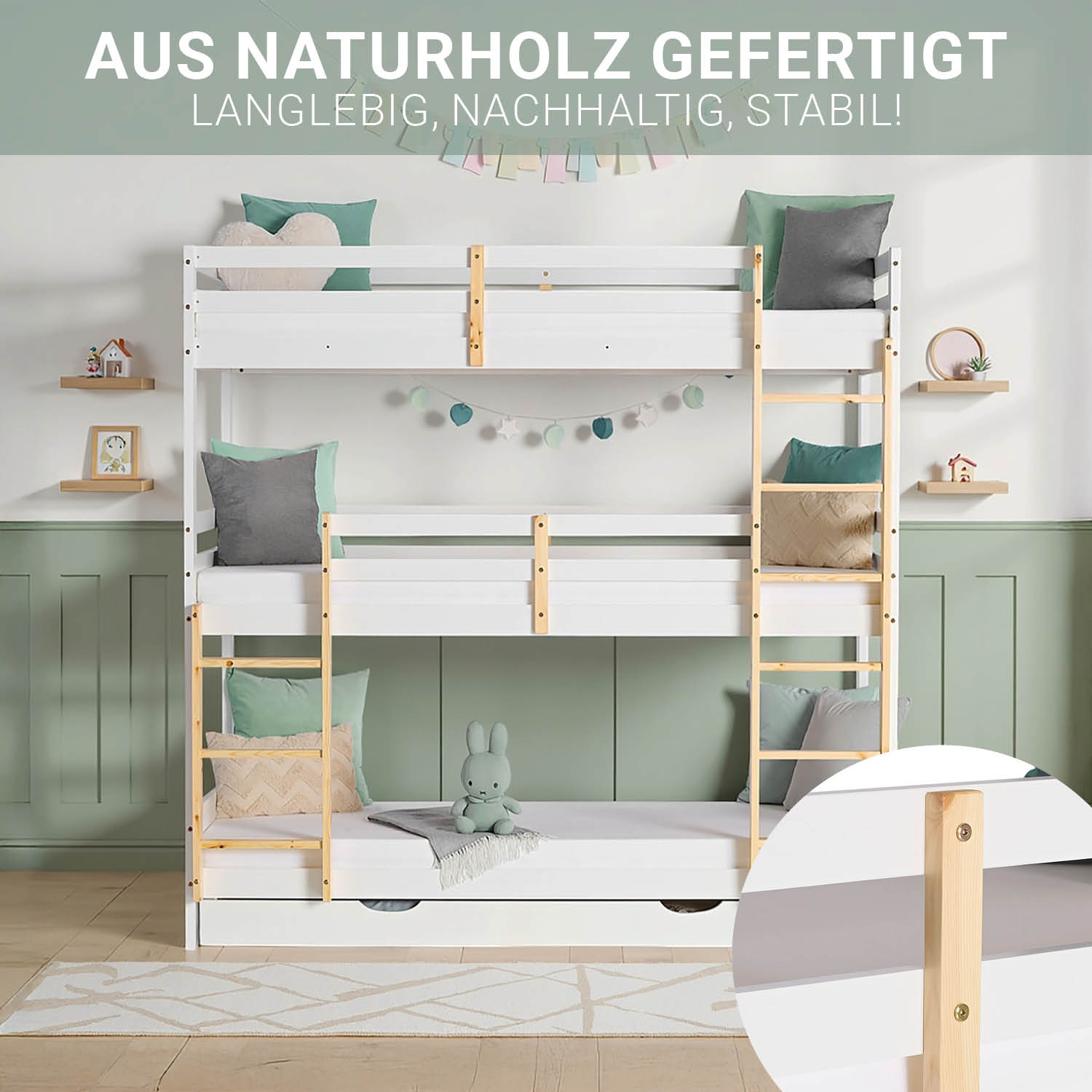 Bunk Bed 3 Levels 90x200 cm White | Ladders Natural | with Bed Drawer | with Slatted Frame
