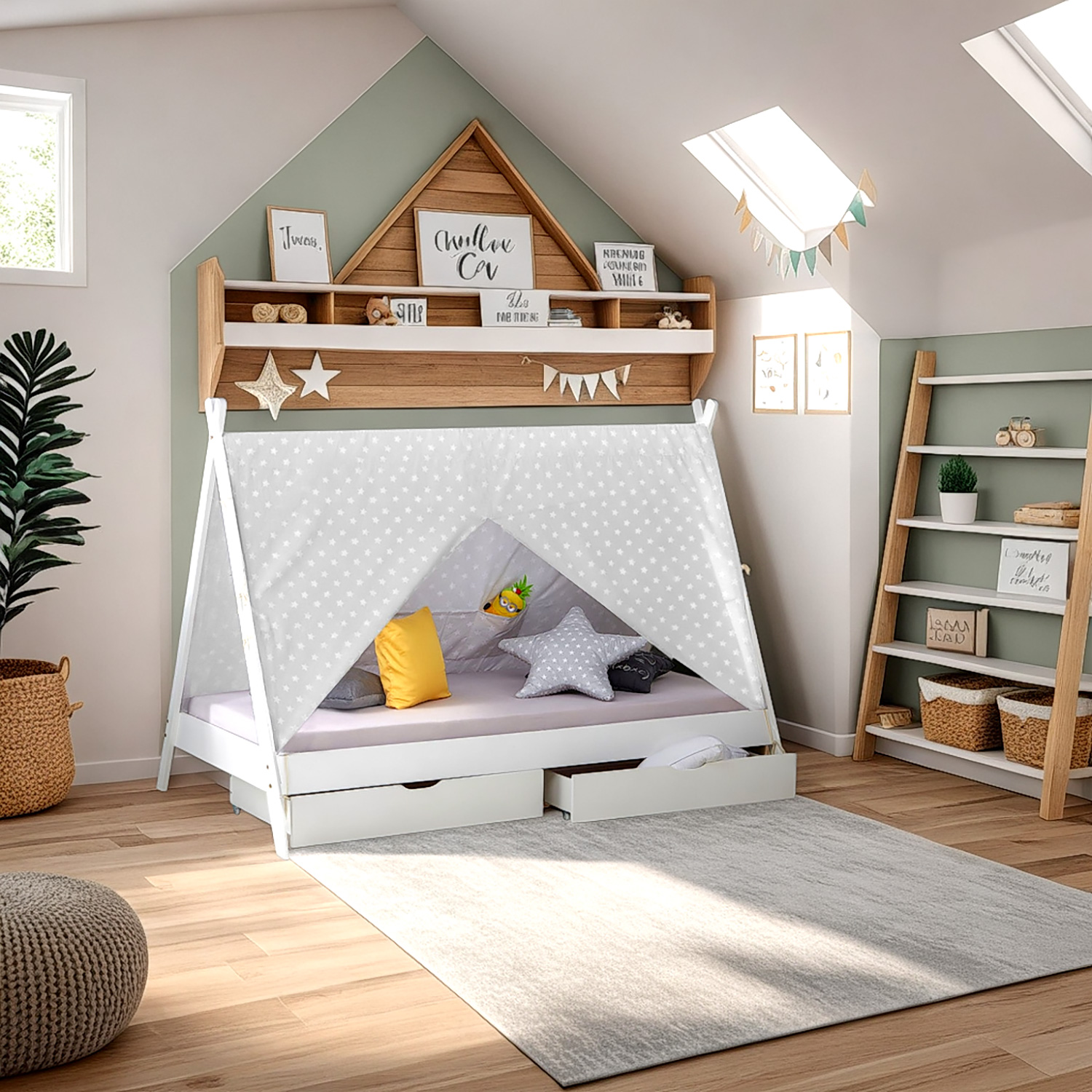 Children's Bed 90x200 cm White Gray Fabric | Tent Bed with Drawers | Single Bed | with Slatted Frame | Wood