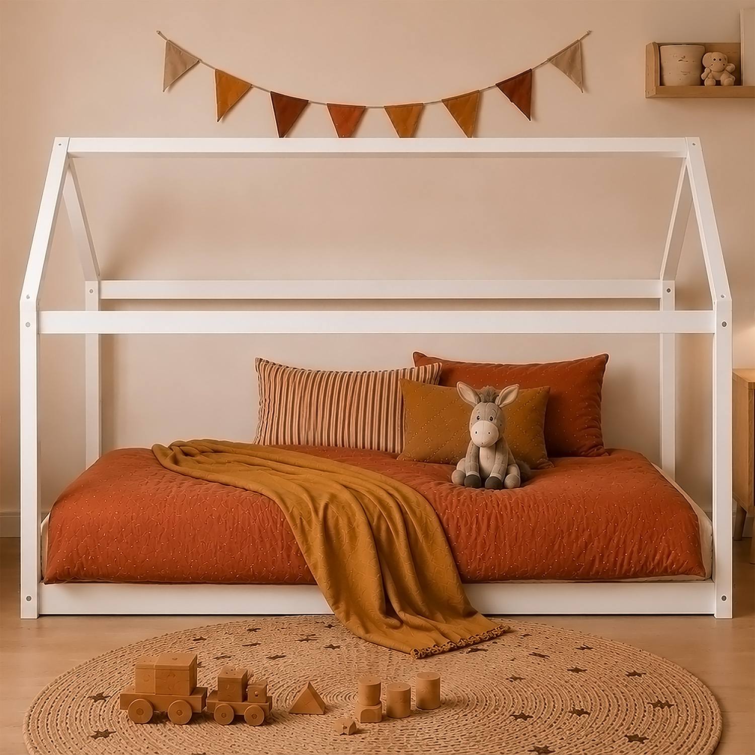 Childrens bed with mattress 90 x 200 cm playbed housebed wooden bed white