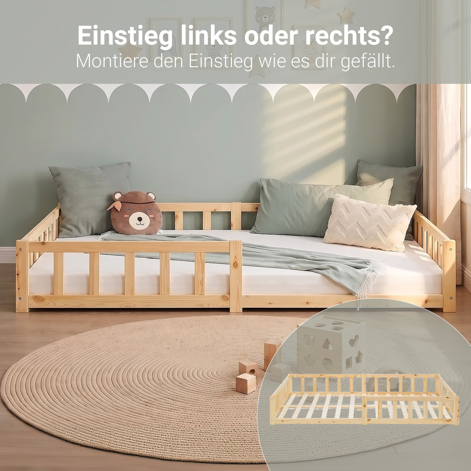 Montessori Crib 120x200 cm Natural, Includes Mattress & Slatted Base – Floor-Level Crib with Safety Rails Made of Solid Wood