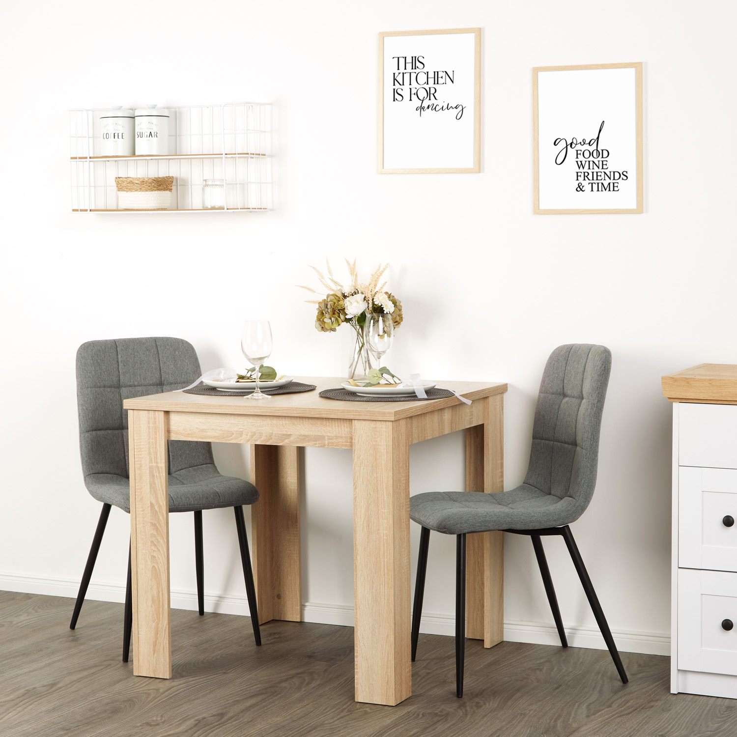 Dining Set (3-piece): Oak dining table (approx. 80x80 cm) with 2 gray upholstered chairs and black metal legs