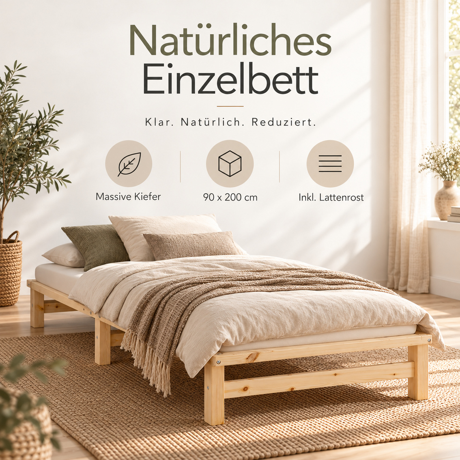 90x200 cm Natural Wooden Pallet Bed – Single Wooden Bed with Mattress & Slatted Base for Teen Rooms, Guest Rooms, and Bedrooms
