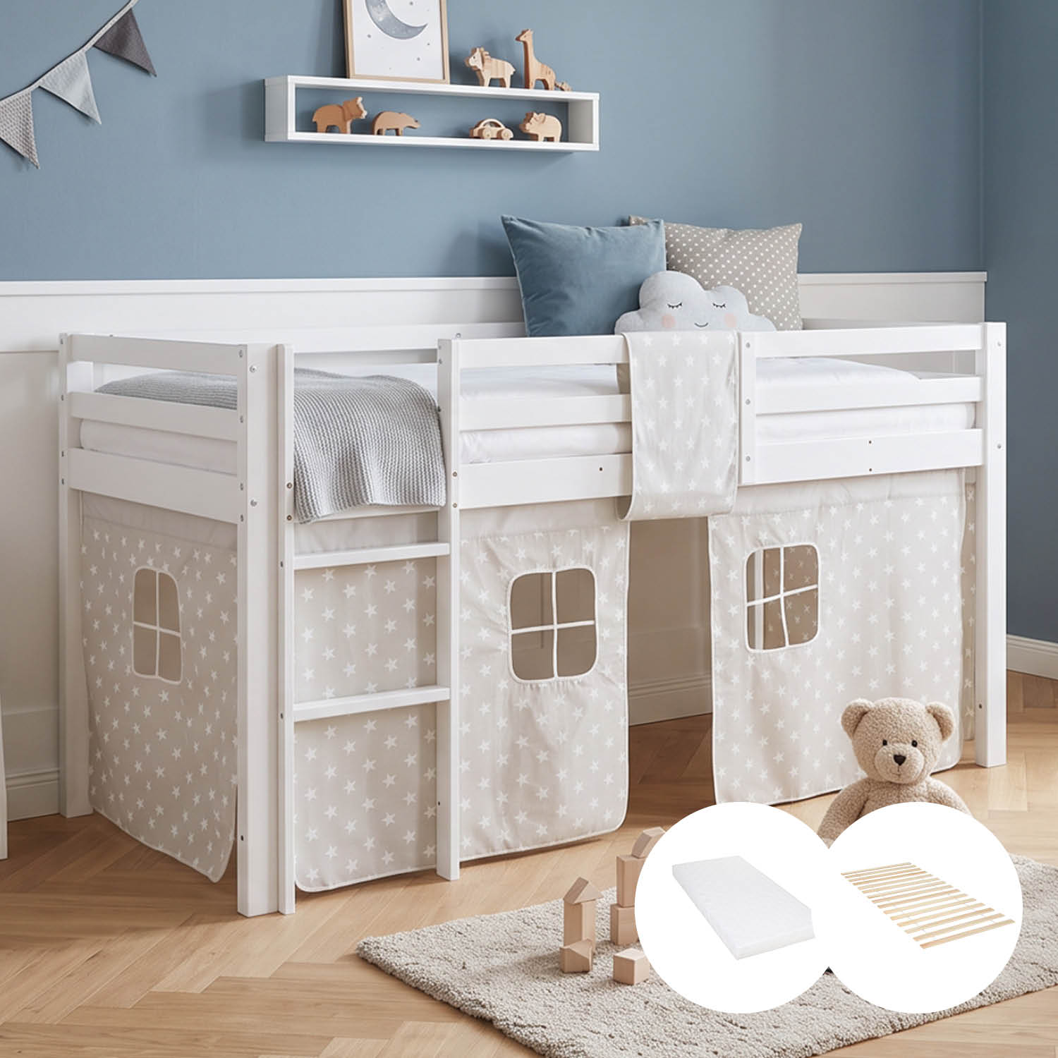 Children's Loft Bed 90x200 cm White with Star Curtain | Includes Slatted Base | Includes Mattress