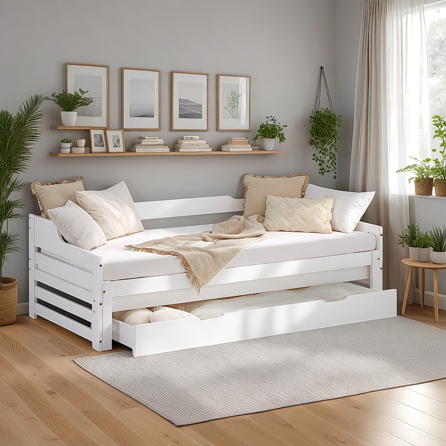 Gästebett Holzbett 90x200 cm Weiß Stauraum Tagesbett ausziehbar Jugendbett Ausziehbett Bett mit Bettkasten Matratze