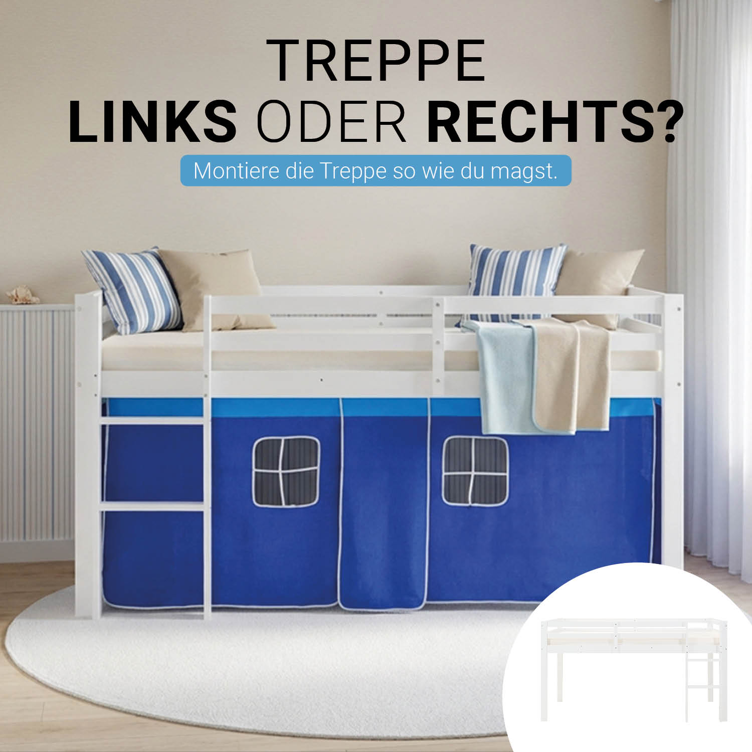 Children's Loft Bed 90x200 cm White with Blue Curtain | Includes Slatted Base | Includes Mattress