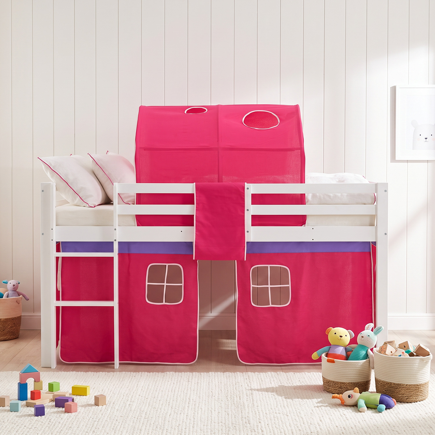 Loftbed 90x200 cm with Mattress Bunk bed Childrens bed Solid Pine Wood Slats Tunnel Curtain Pink
