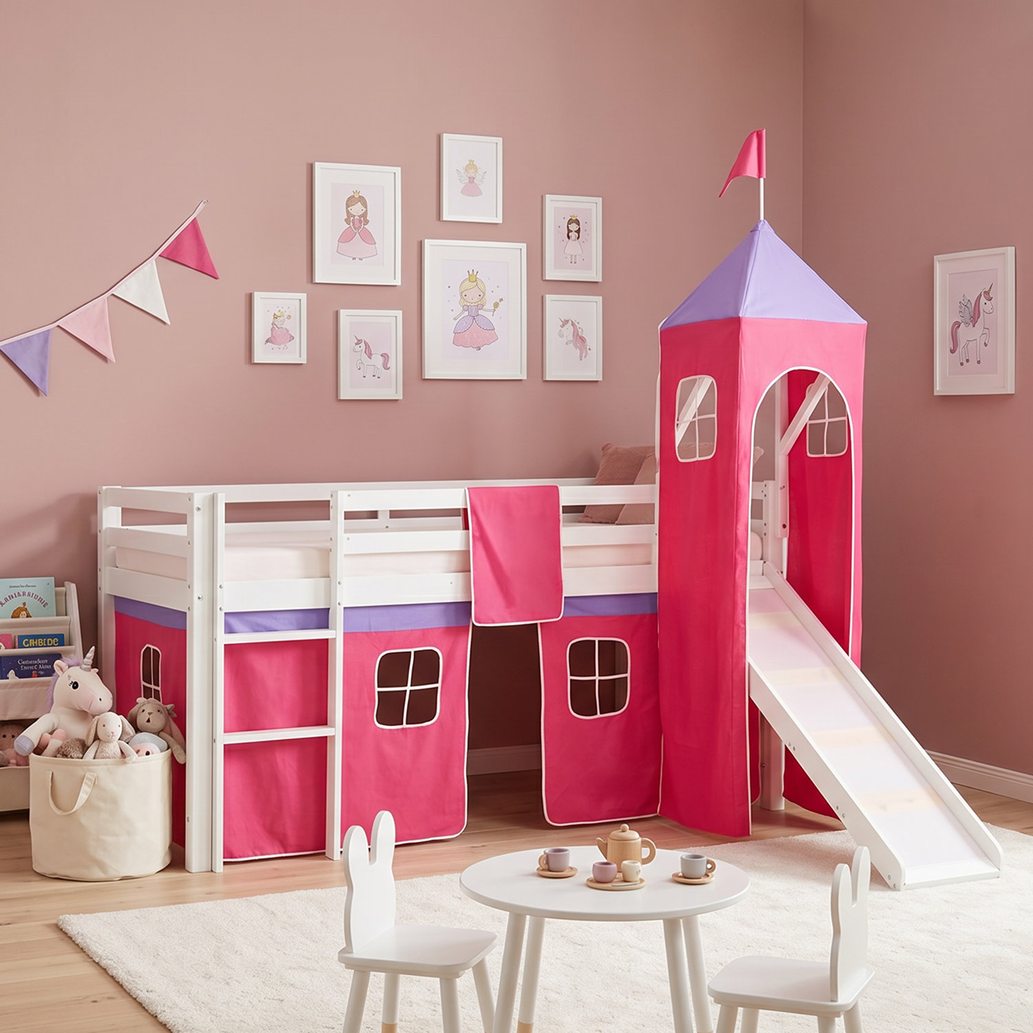 Children's Loft Bed 90x200 cm, White with Pink Curtain | Tower | Slide | Includes Slatted Base