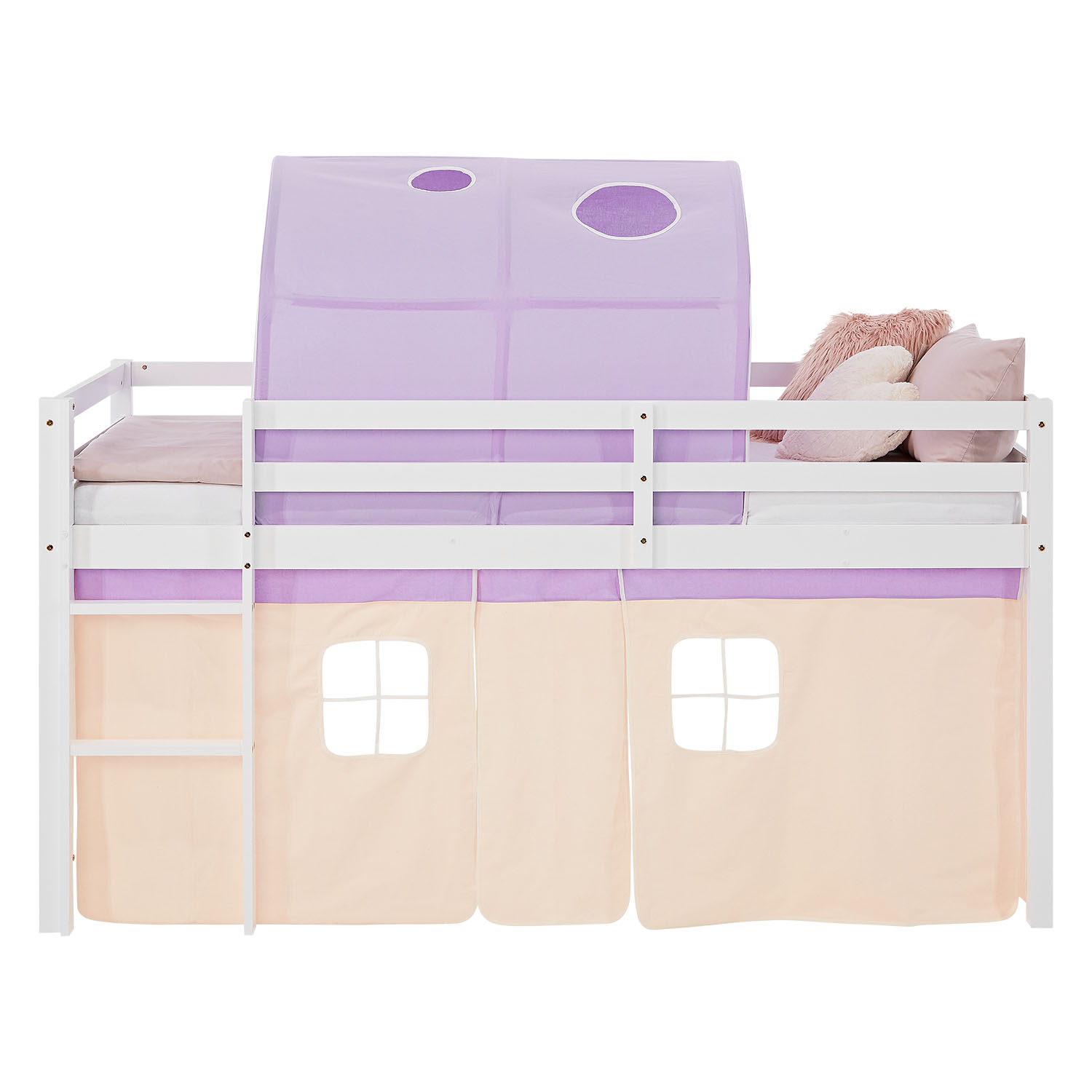 Kinderhochbett in Lila mit Holzelementen, Lattenrost, Spieltunnel und Spielvorhang. In der eingerichteten Szene sind ein Fenster, ein heller Teppich, Kuscheltiere und Bilderrahmen zu sehen.