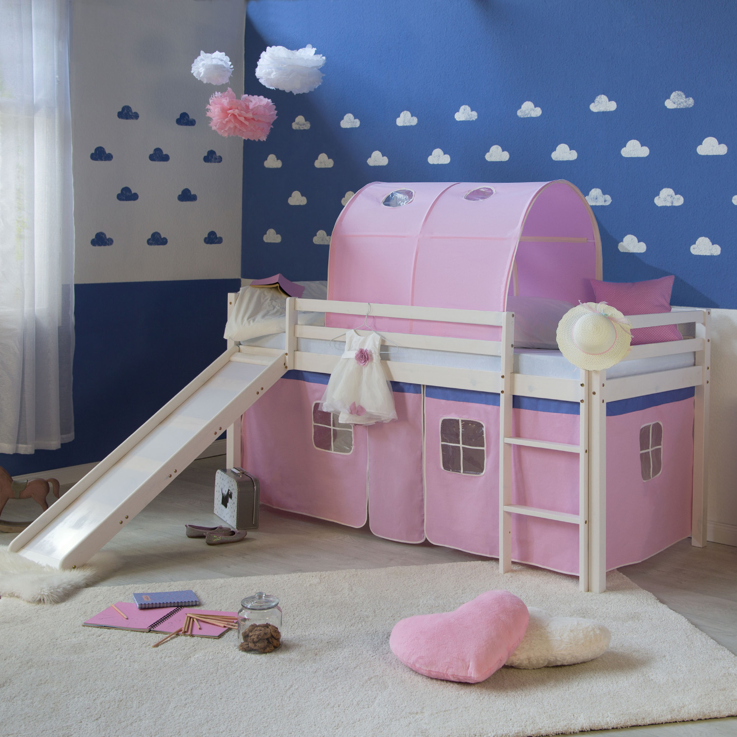 Loft Bed Kids 90x200 cm White with Curtain in Pink | Tunnel | Slide | with Slatted Frame