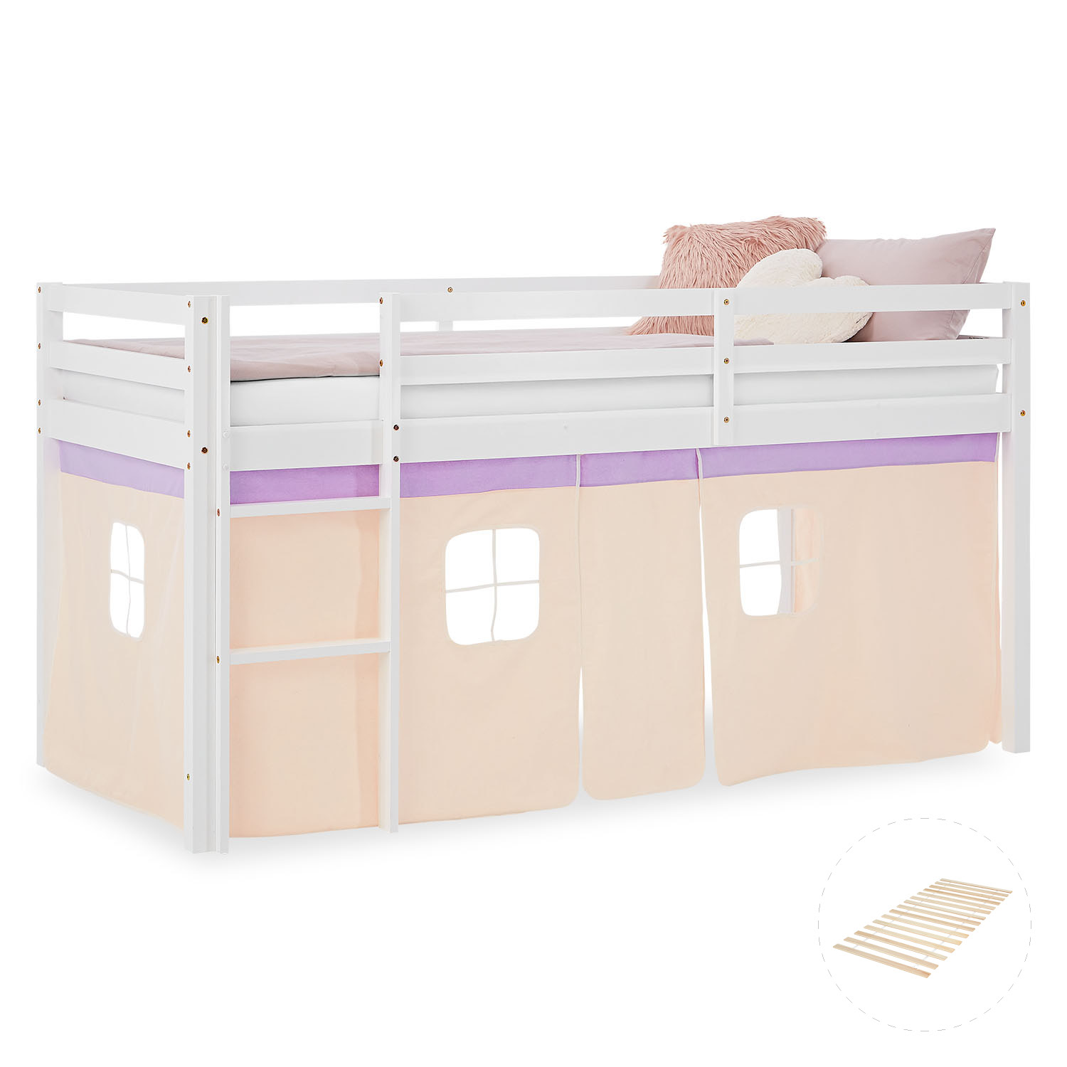 Mid-height children's bed in solid white wood with beige curtains and purple trim ? cozy loft bed with ladder, perfect for a girl's room