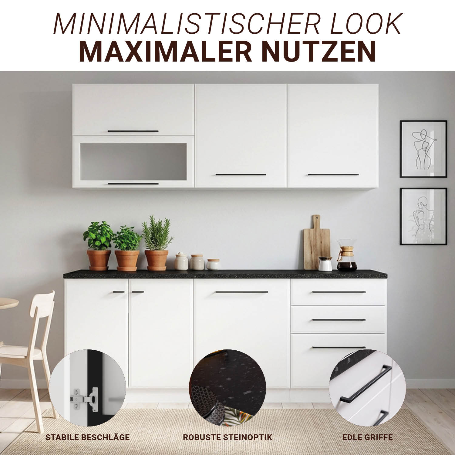 200 cm White Kitchen Unit – Modern Kitchen Unit Without Appliances, Featuring Storage Space