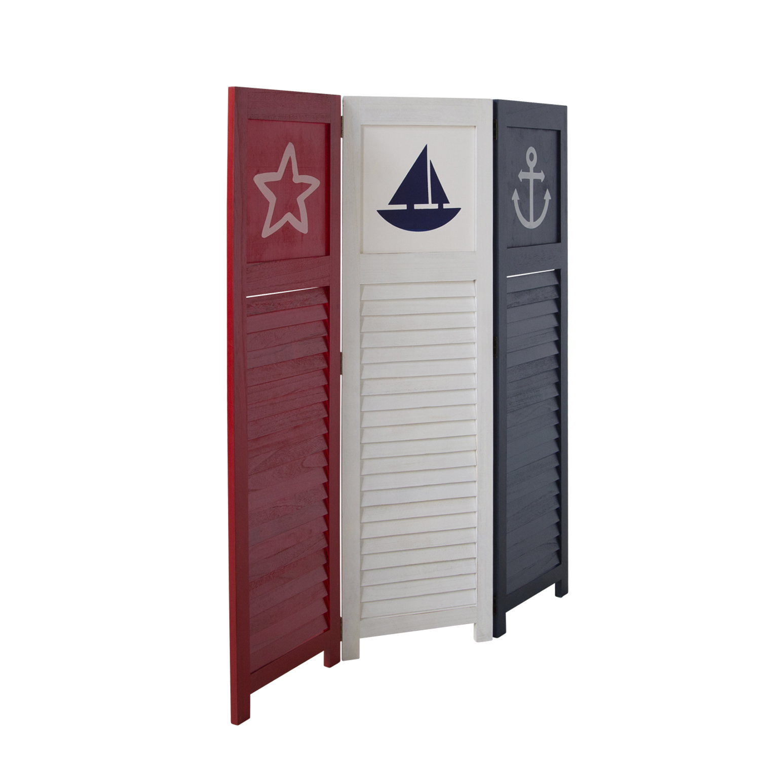 Paravent Red White Black Maritime Motifs | 3-panel | Wood | Room Divider Partition Privacy Screen