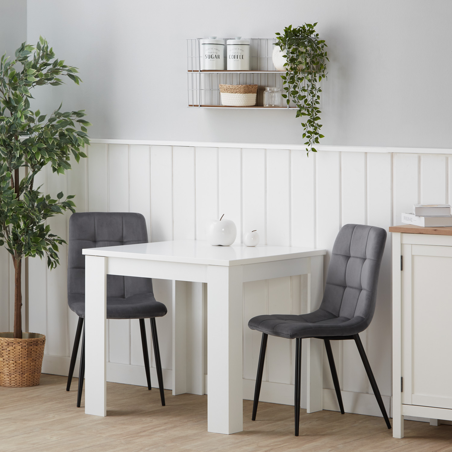 Dining set | 2-piece set upholstered chairs grey velvet without armrest | dining table white 80 x 80 cm