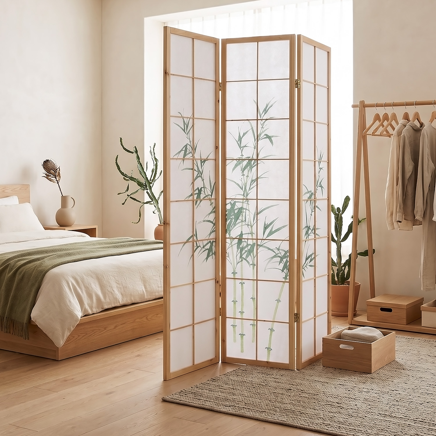 3-Panel Natural Screen – Shoji Room Divider with Bamboo Motif, Made of Wood and Rice Paper