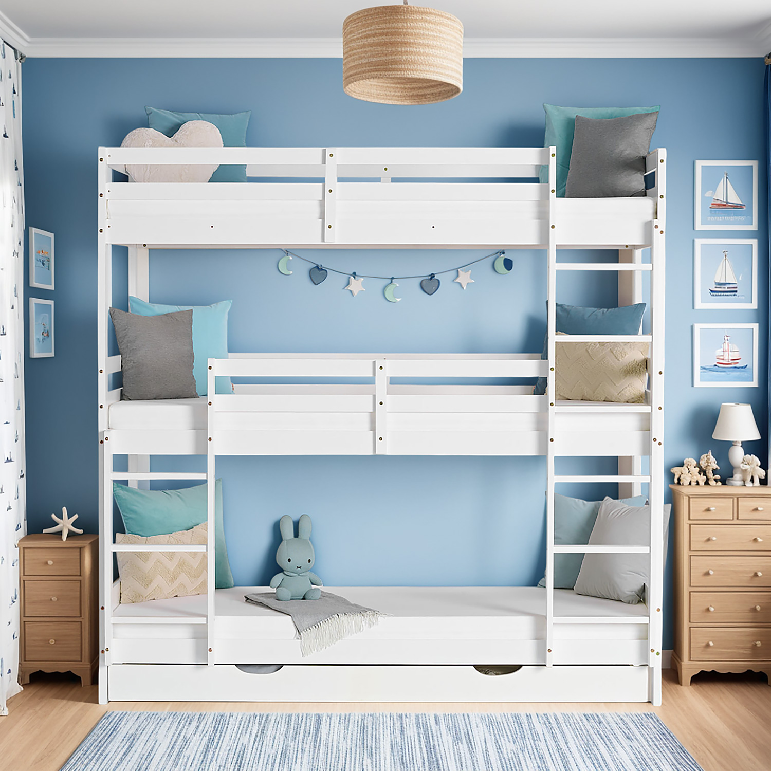 Triple Bunk Bed 90x200 with Mattresses Children´s Bed High Sleeper Cot White Wood Loft Bed Kids Bed