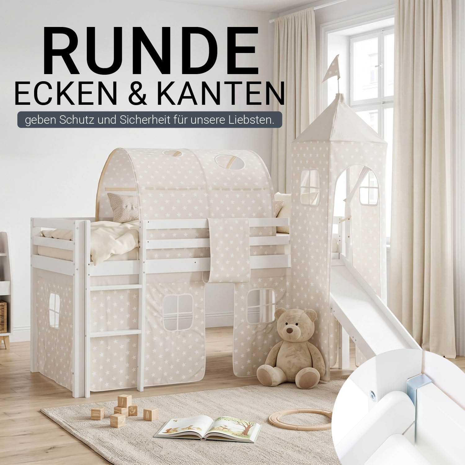 Children's Loft Bed 90x200 cm White with Star Curtain | Tunnel | Tower | Slide | Includes Slatted Base | Includes Mattress