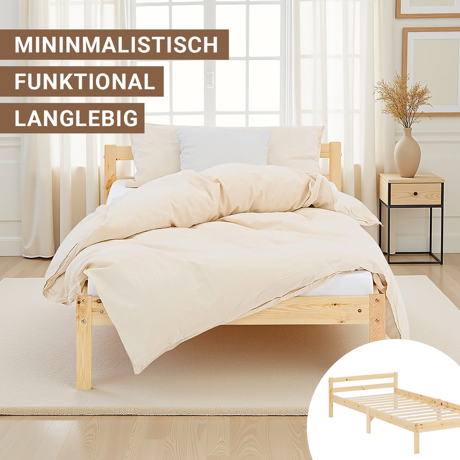 Wood Bed 90x200 cm Natural | Single Bed | with Slatted Frame | Kids Youth Guest Bedroom
