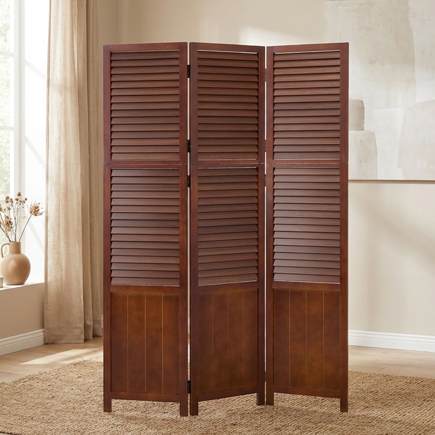Paravent Brown Wooden Slats | 3-panel | Wood | Room Divider Partition Privacy Screen