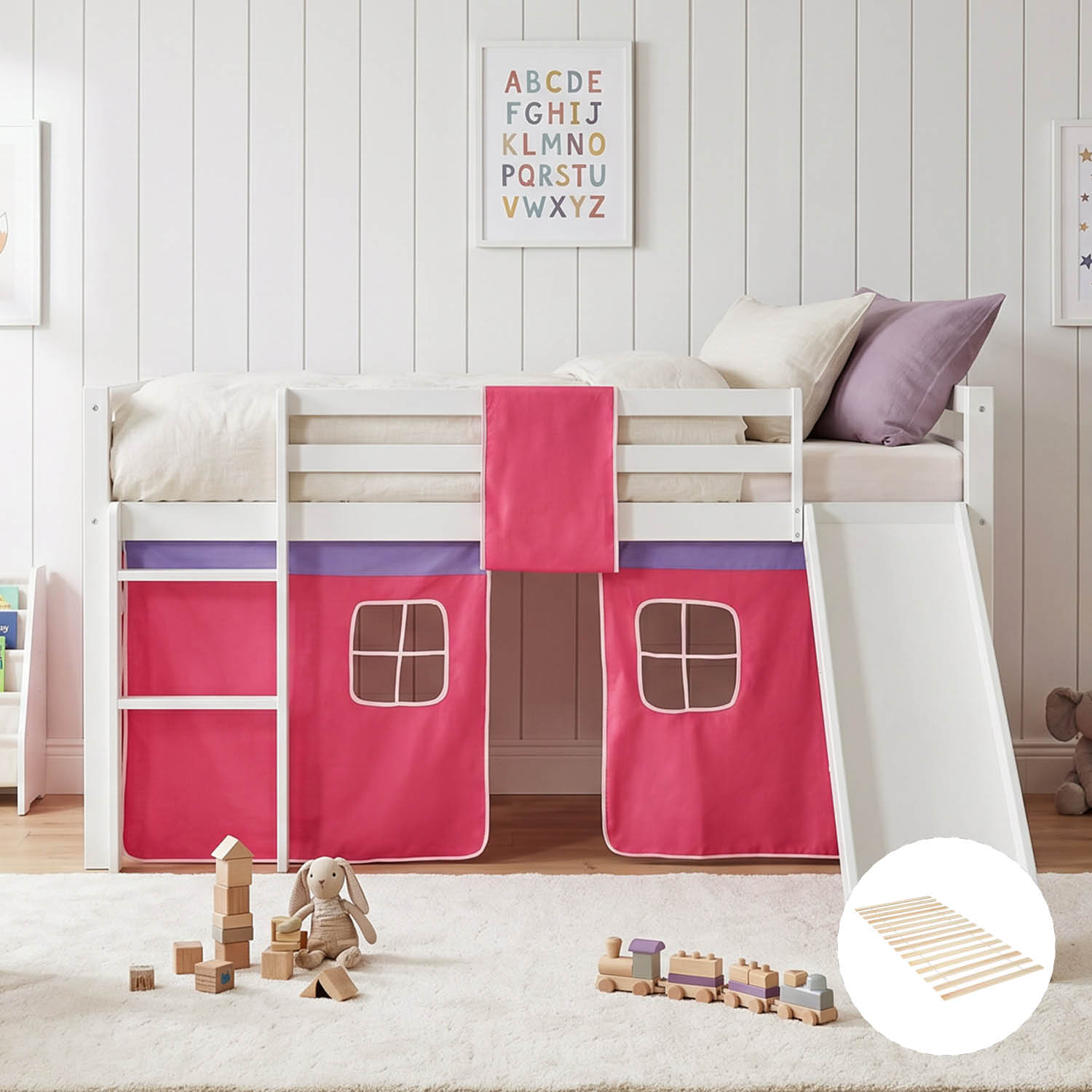 Children's Loft Bed 90x200 cm, White with Pink Curtain | Slide | Includes Slatted Base