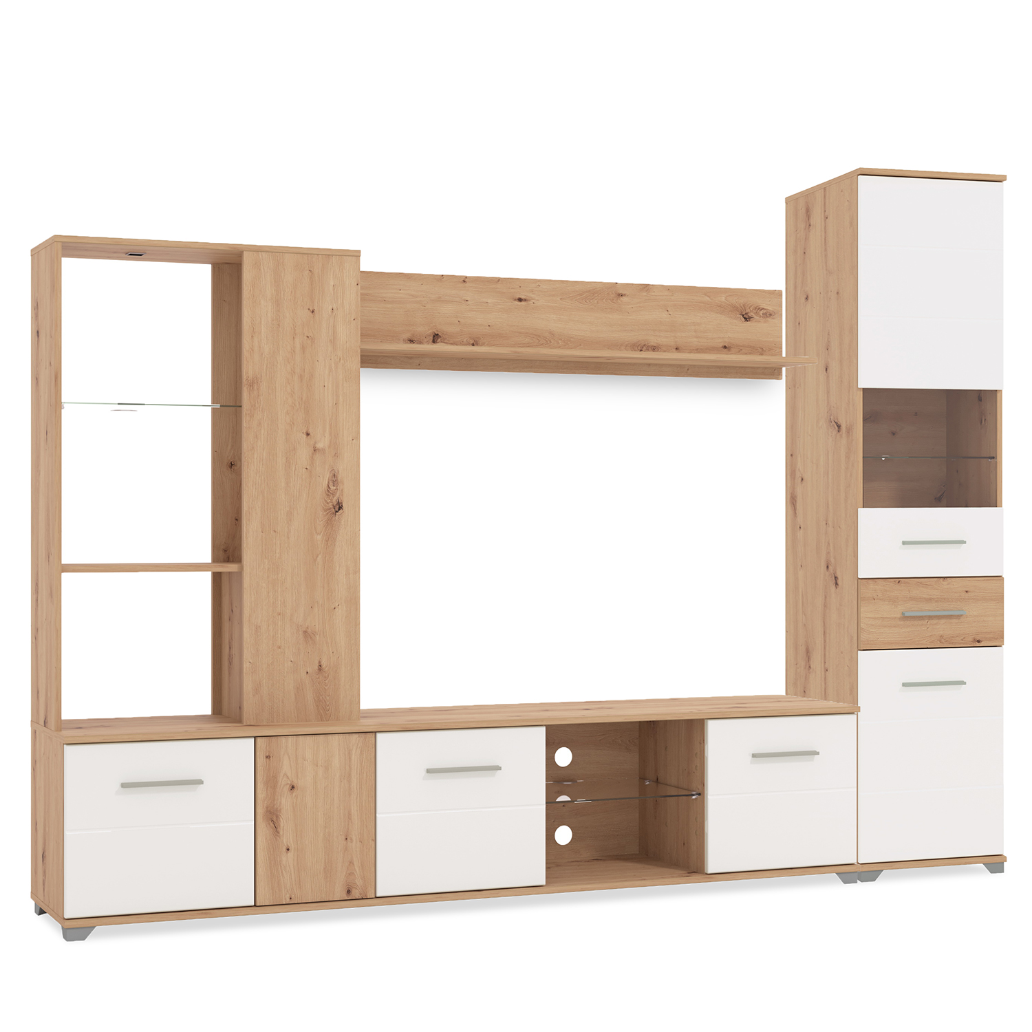 Modern Living Room Unit Cupboard Set Wall Unit TV Set with Storage Entertainment Center Wood Oak White High Gloss