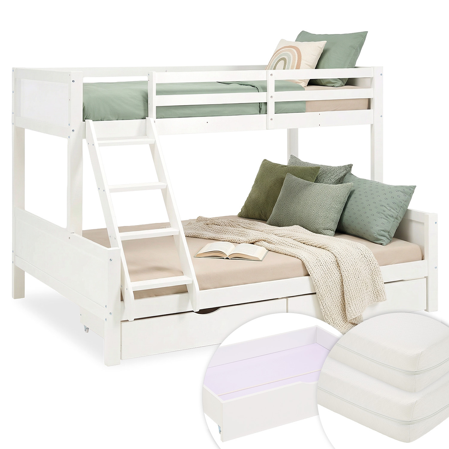 White Wooden Bunk Bed for Kids & Teens, 90x200 cm & 140x200 cm, with 2 Underbed Drawers and 2 Mattresses