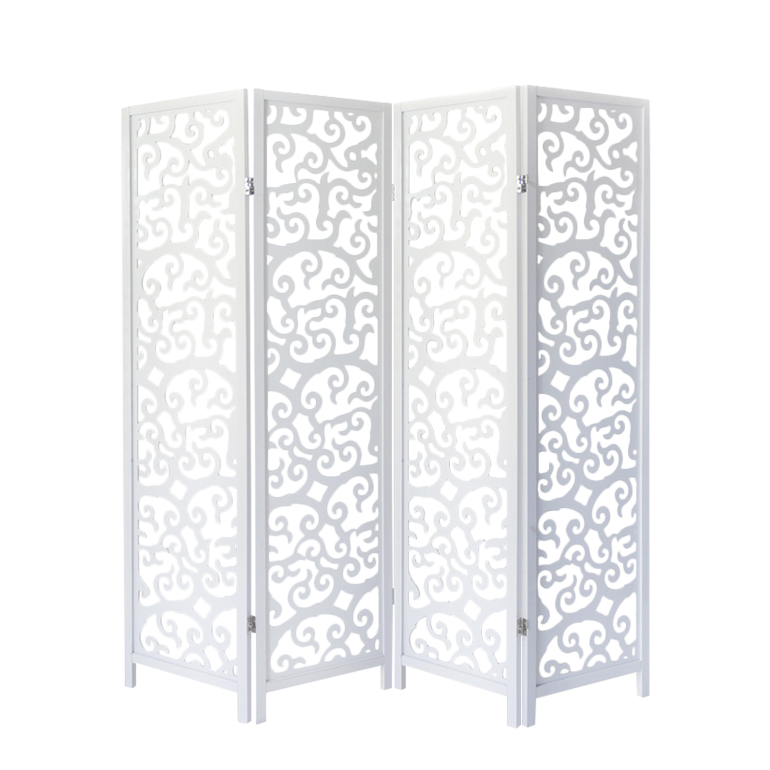 Paravent White with decoration | 4-panel | Wood | Room Divider Partition Privacy Screen