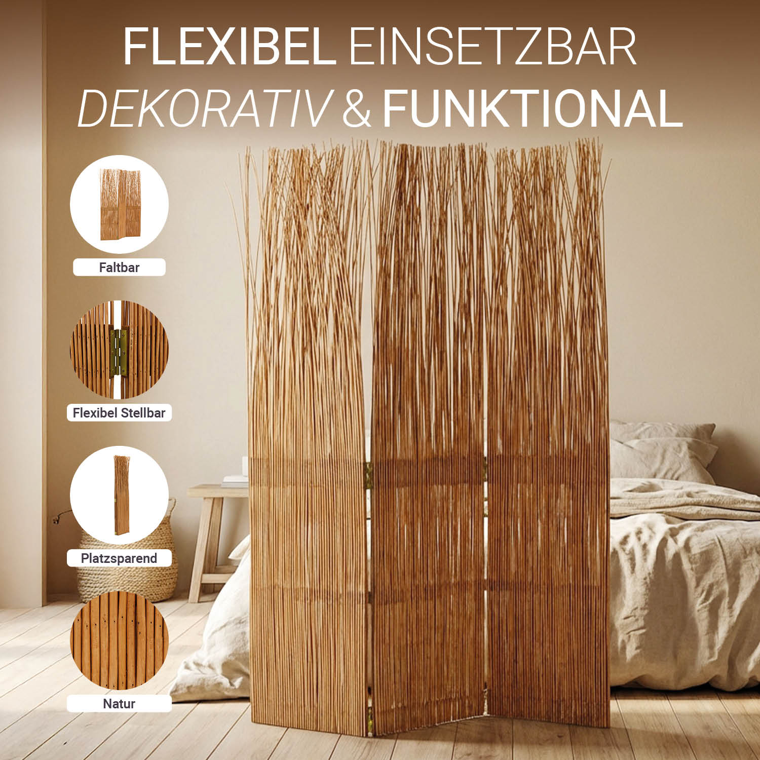 Paravent Willow Natural | 3-panel | Room Divider Partition Privacy Screen