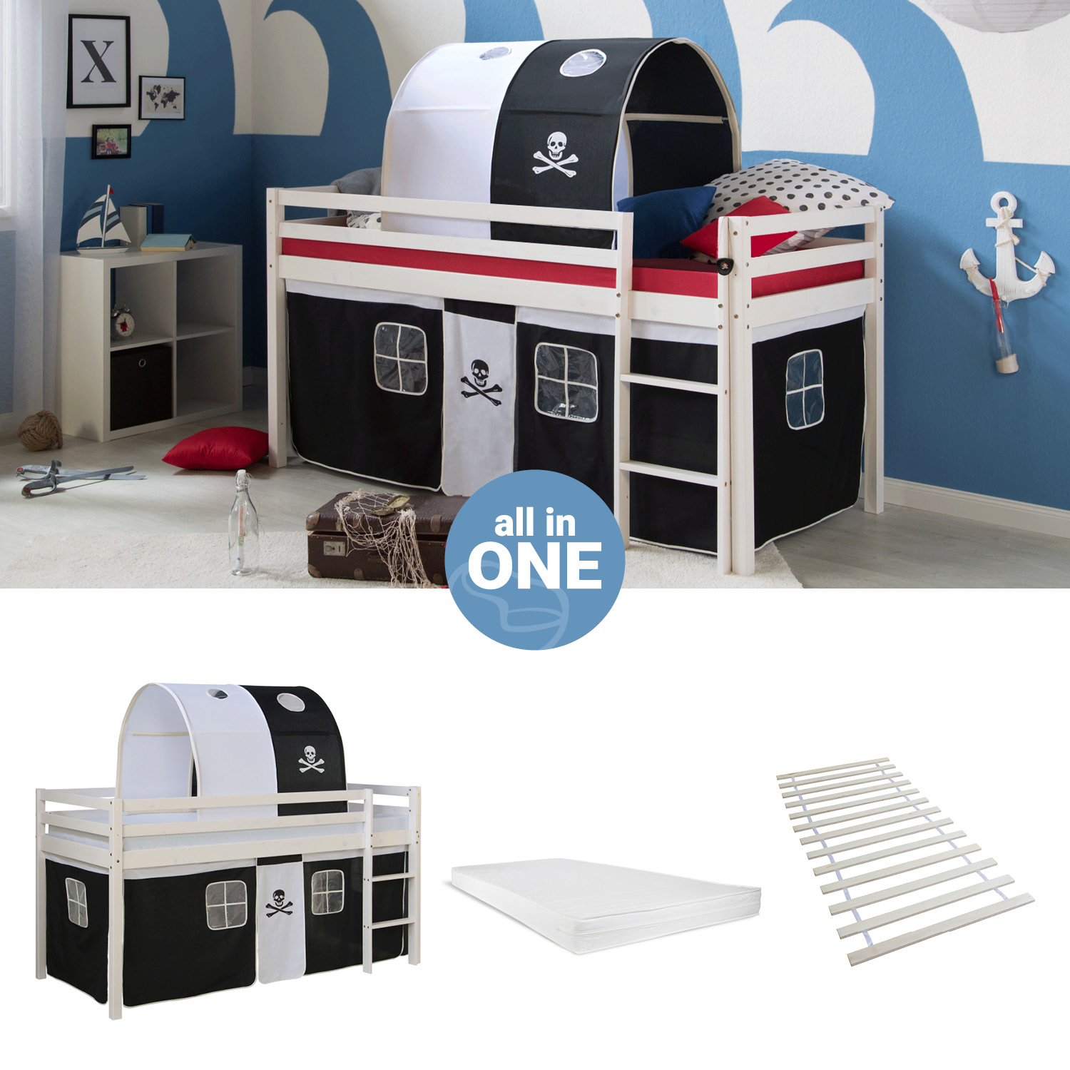 Loftbed 90x200 cm with Mattress Bunk bed Childrens bed Solid Pine Wood Slats Tunnel Curtain Black Pirate