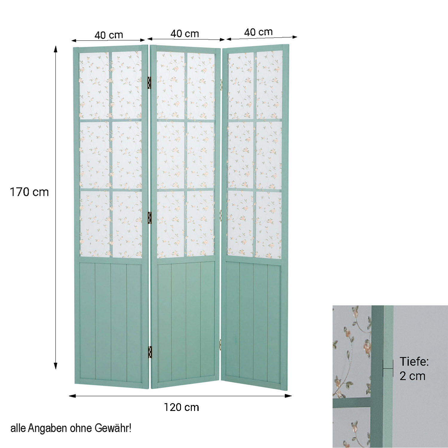 Paravent Turquoise Country House Style | Fabric Cover Floral Pattern | 3-panel | Wood | Room Divider Partition Privacy Screen