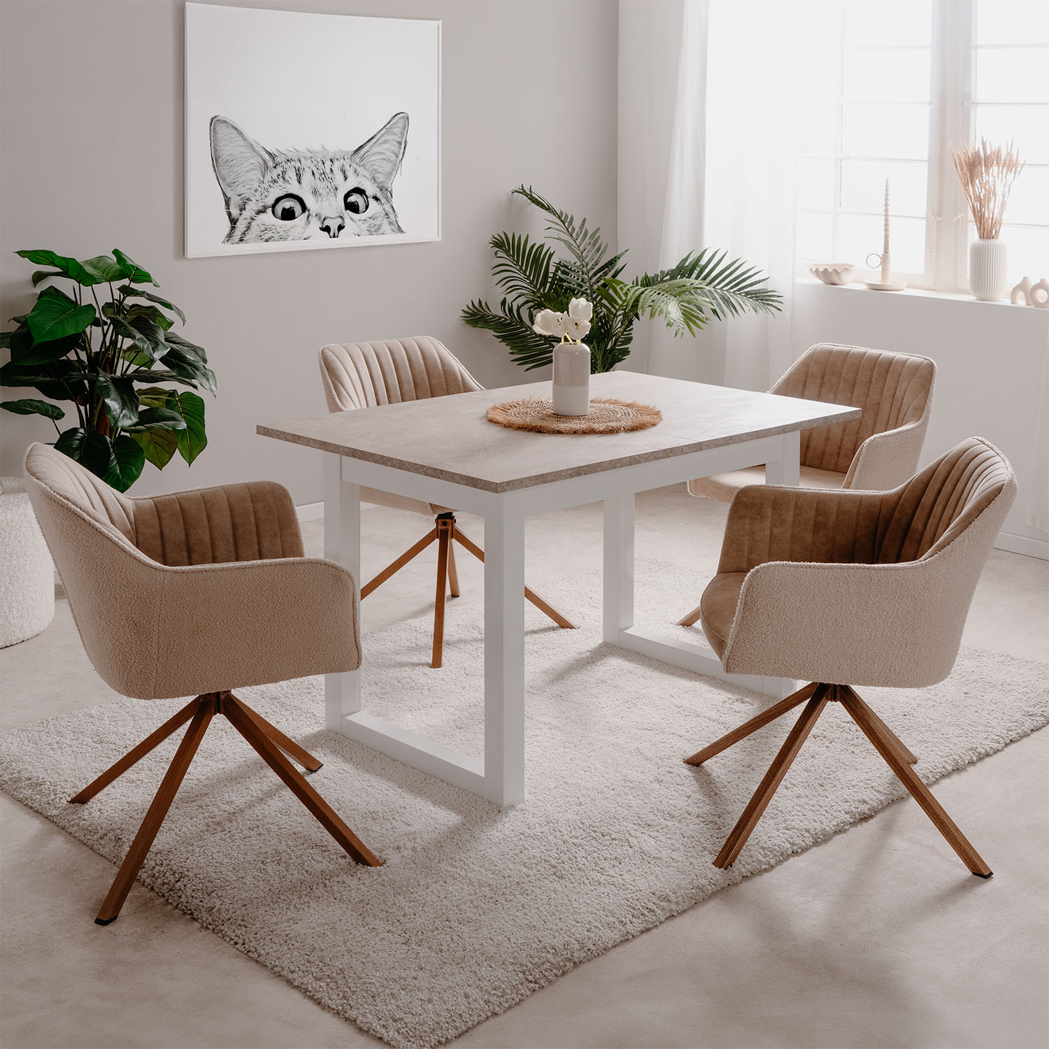 Extendable Dining Table 120x80 cm Kitchen Table Wooden Table White Sand stone Living Room Table