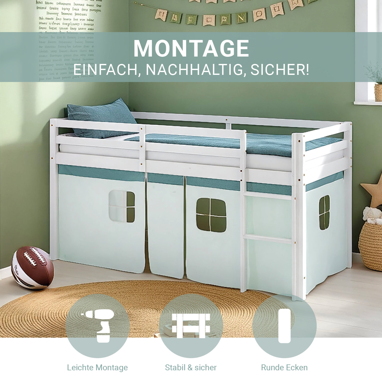 Loft Bed for Kids 90x200 cm White with Curtain in Mint Green | with Slatted Frame and Mattress