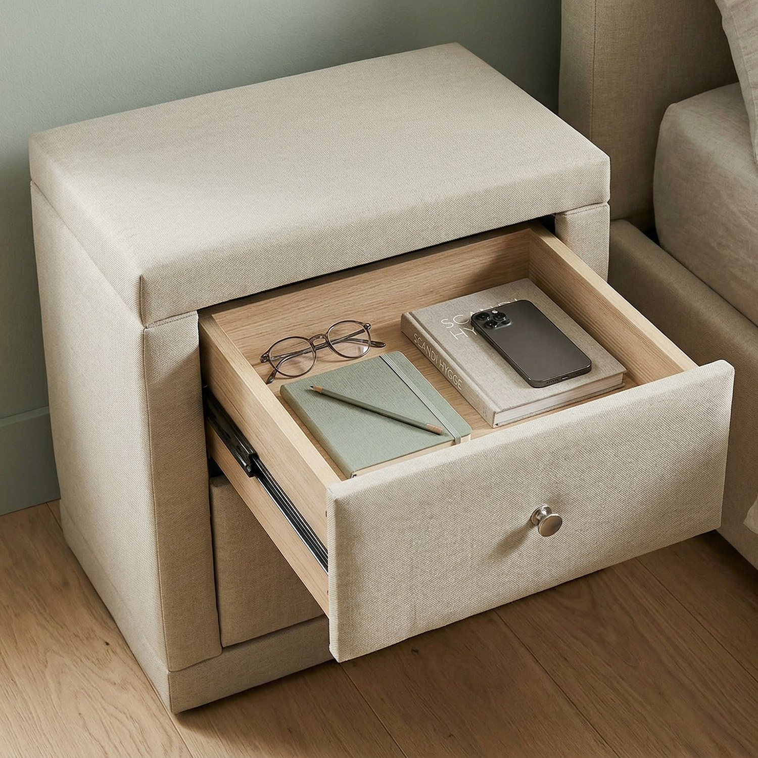 Bedside table Nightstand bedroom 2 Chest drawers Side table Beige fabric