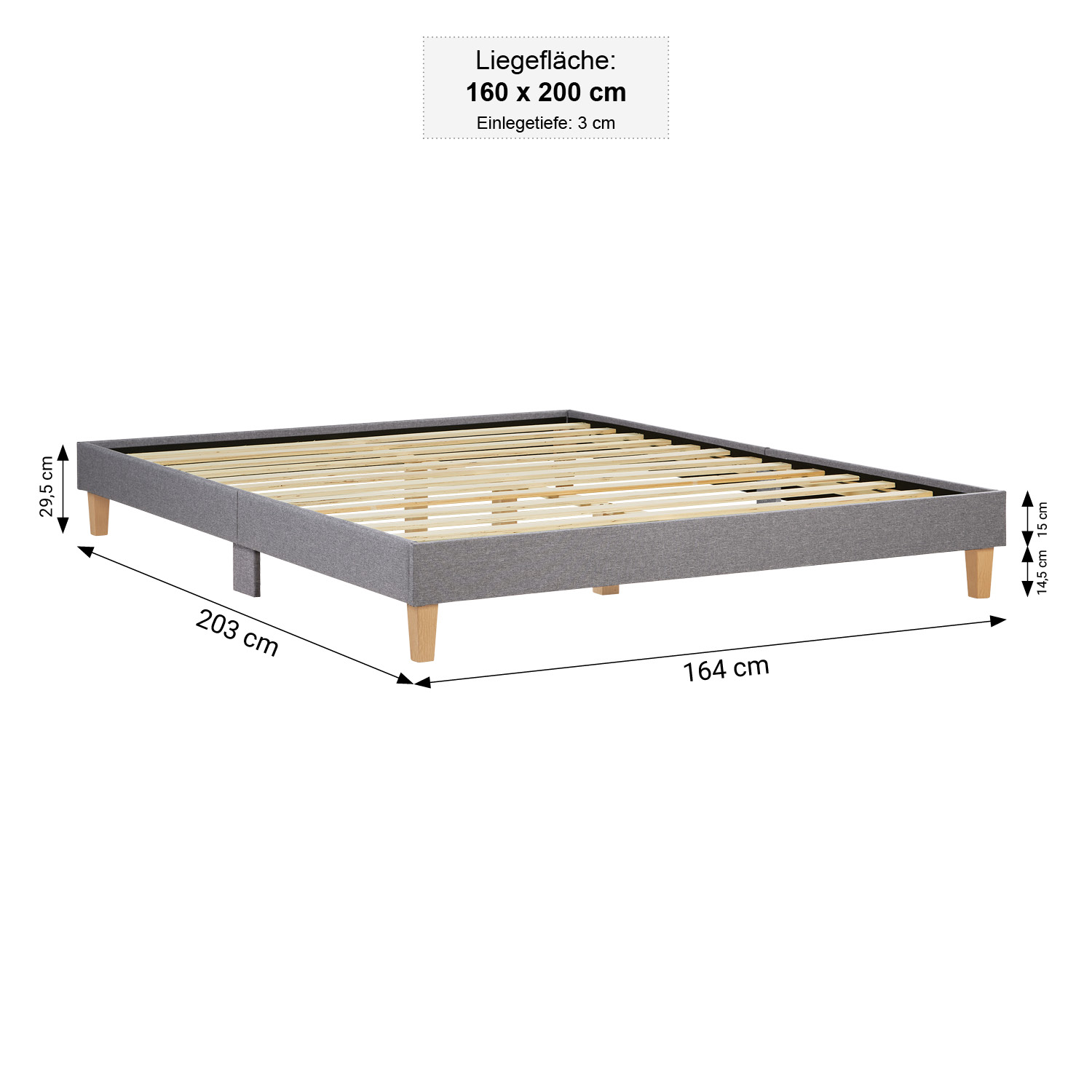 Upholstered Bed 160x200 cm Gray – Modern Futon Bed with Slatted Base | Minimalist Double Fabric Bed