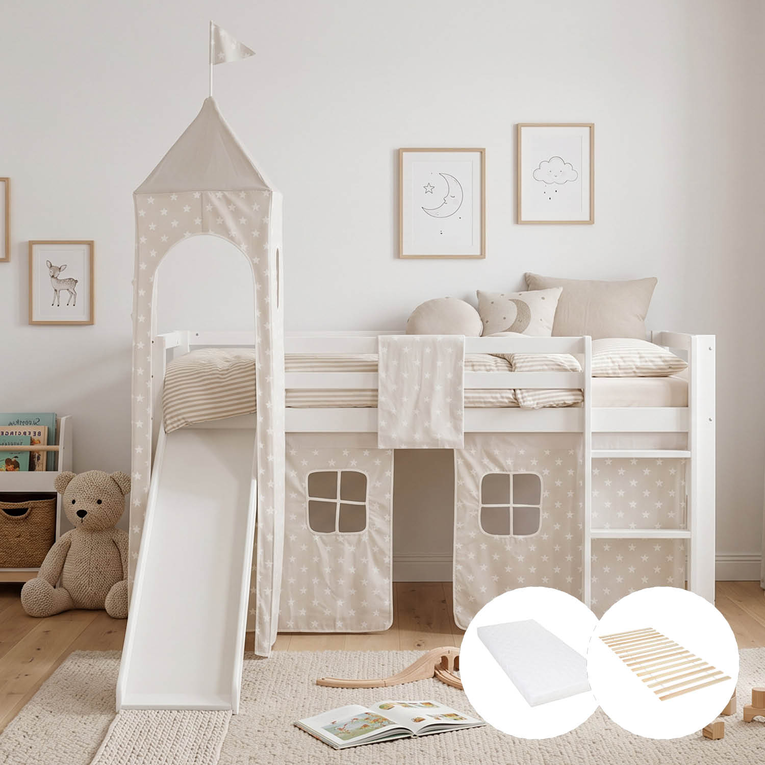 Children's Loft Bed 90x200 cm White with Star Curtain | Tower | Slide | Includes Slatted Base | Includes Mattress