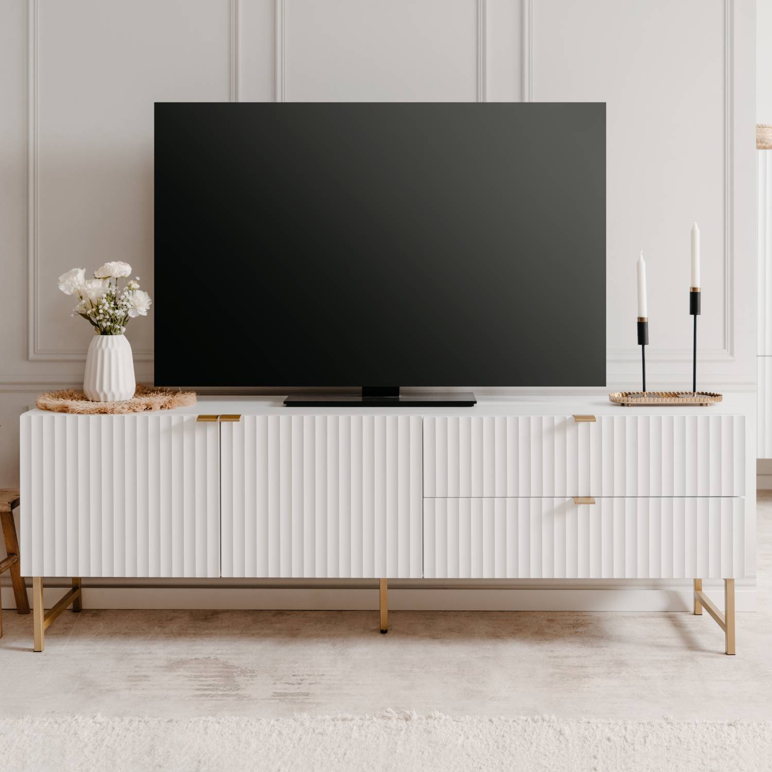 TV Board White TV Cabinet with drawers TV Stand Sideboard Storage Wood Media Unit