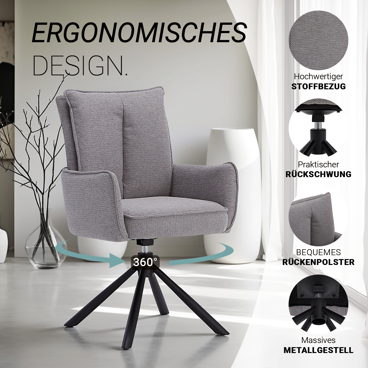 7-piece dining set: swivel upholstered chairs in gray with armrests & brown dining table (200 x 100 cm) with metal frame