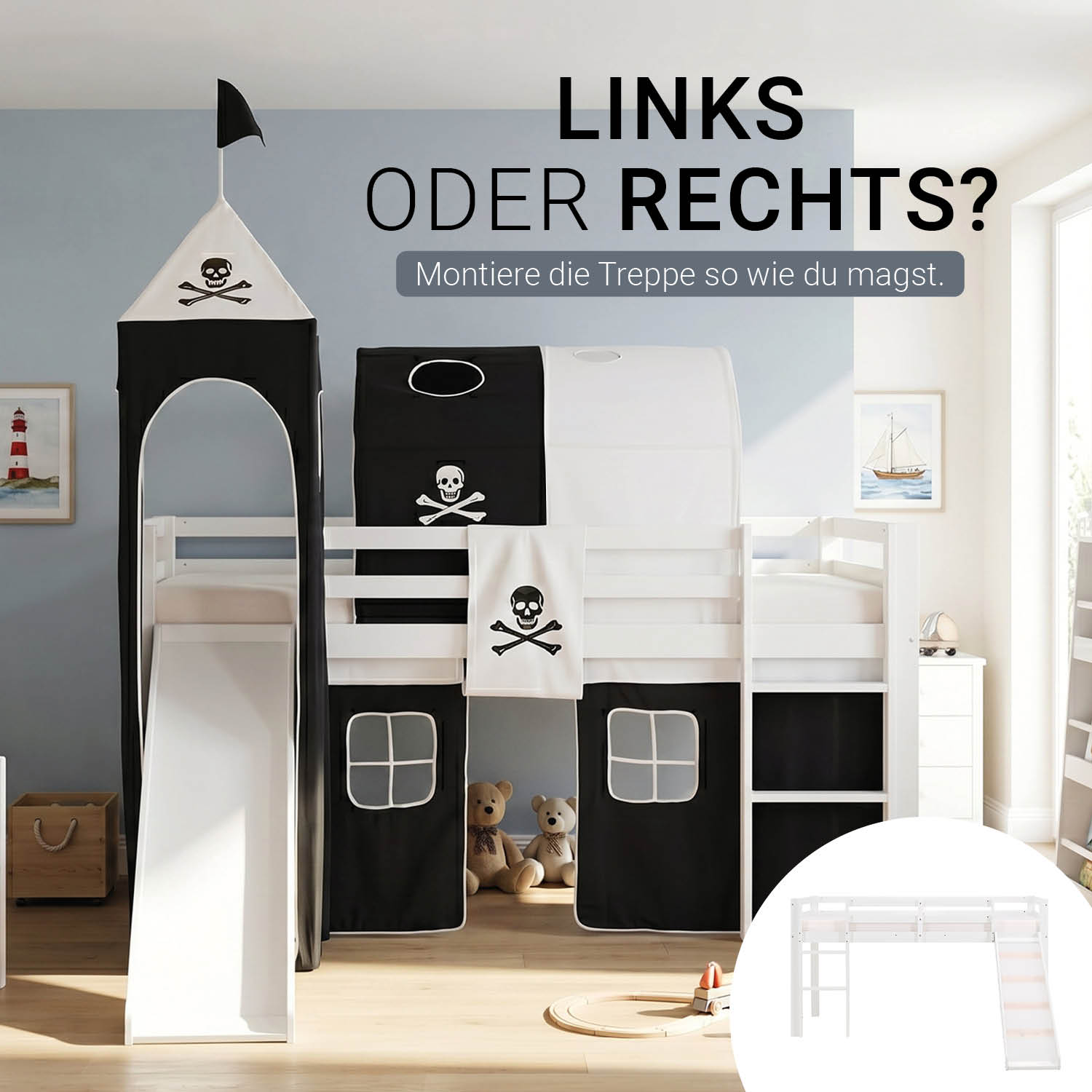Children's Loft Bed 90x200 cm, White with Black Curtain | Tunnel | Tower | Slide | Without Slatted Base