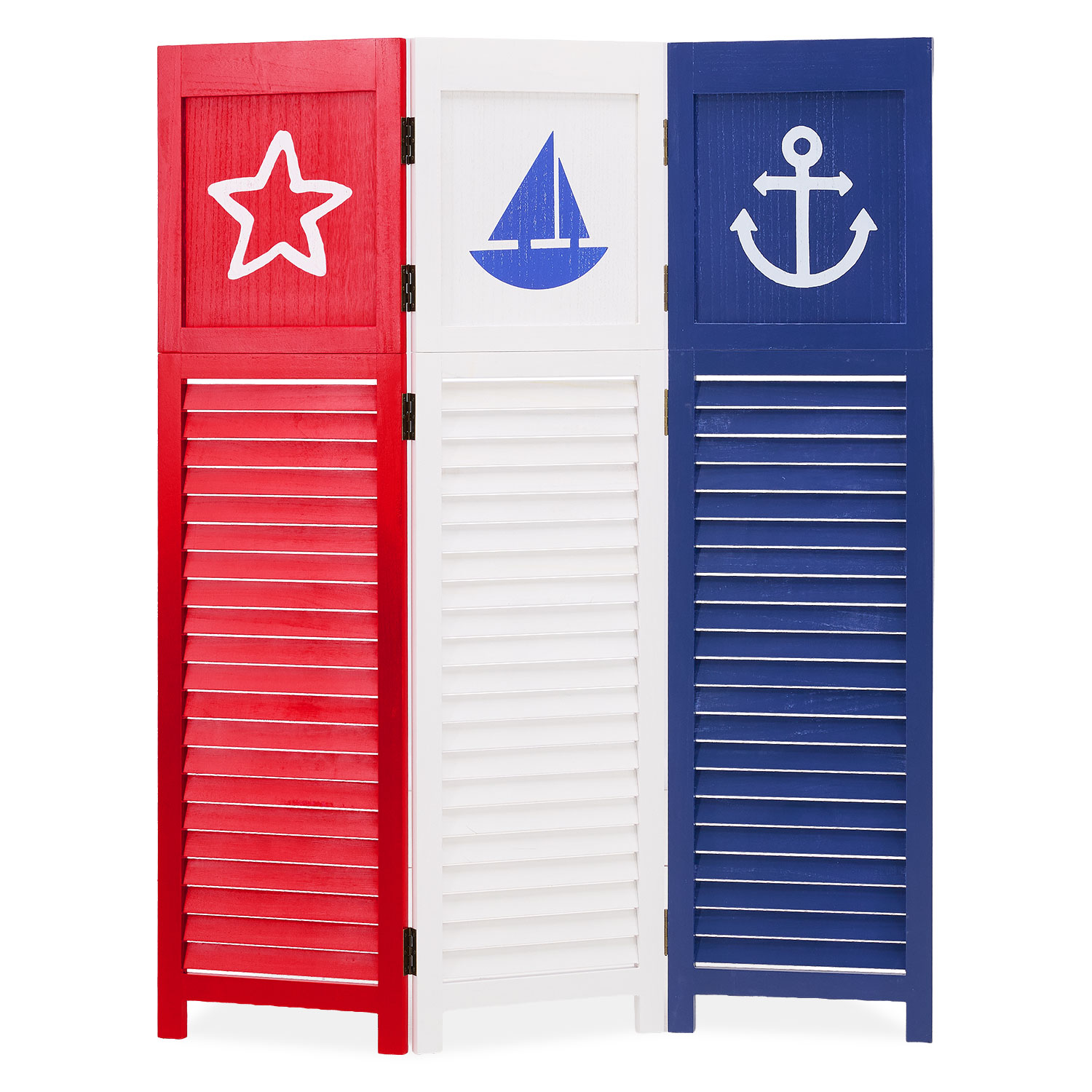 Paravent mit Holzelementen und 3 beweglichen Elementen. Der dreifarbige Paravent in Rot, Weiß und Blau mit Stern-, Segelboot- und Ankermotiven steht in einem maritim dekorierten Zimmer vor einer hellblauen Wand.