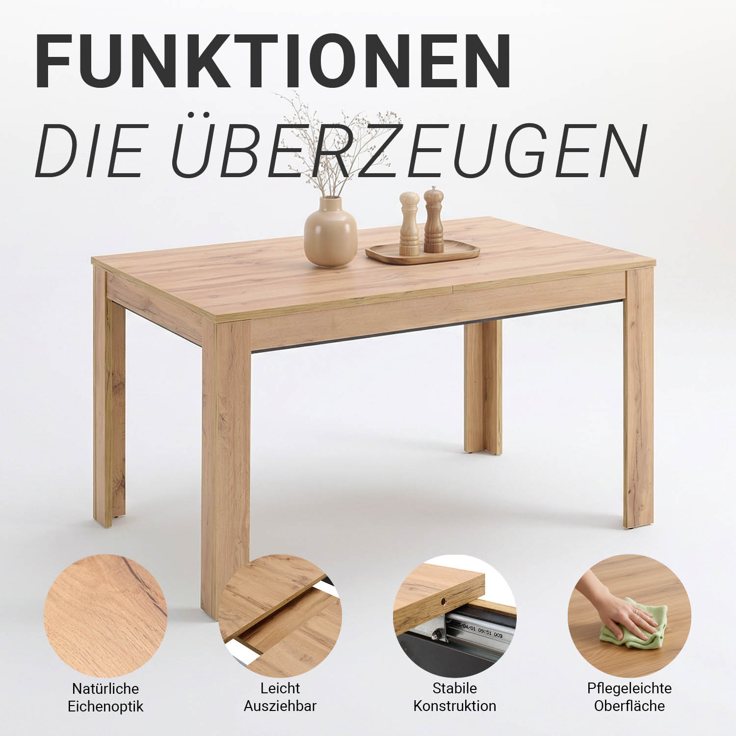Modern Dining Table Kitchen Table Wooden Table 135x86 cm Wotan Oak 8 Seater Extendable