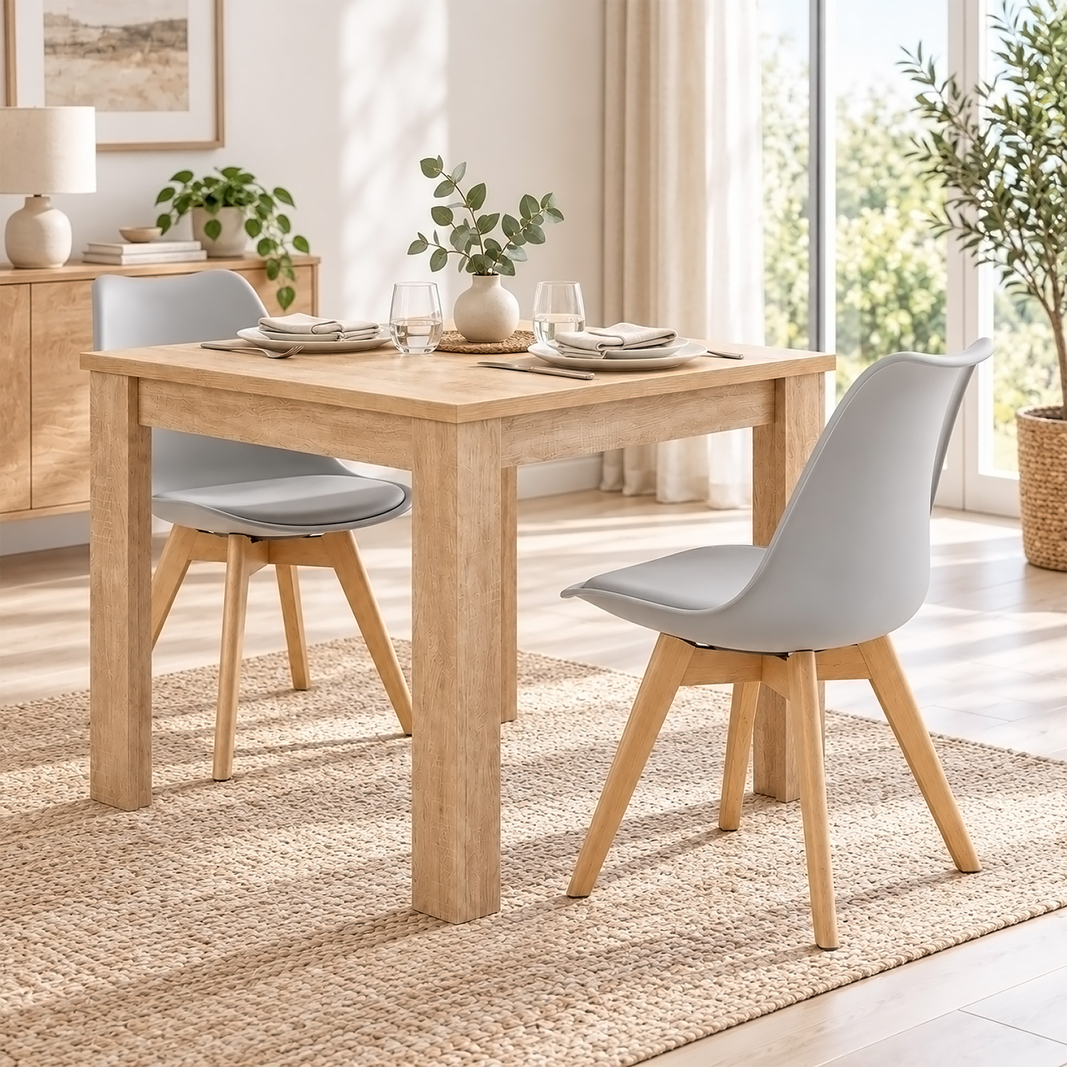 Dining Set (3-Piece): 80x80 cm oak dining table with 2 grey plastic chairs and wooden legs