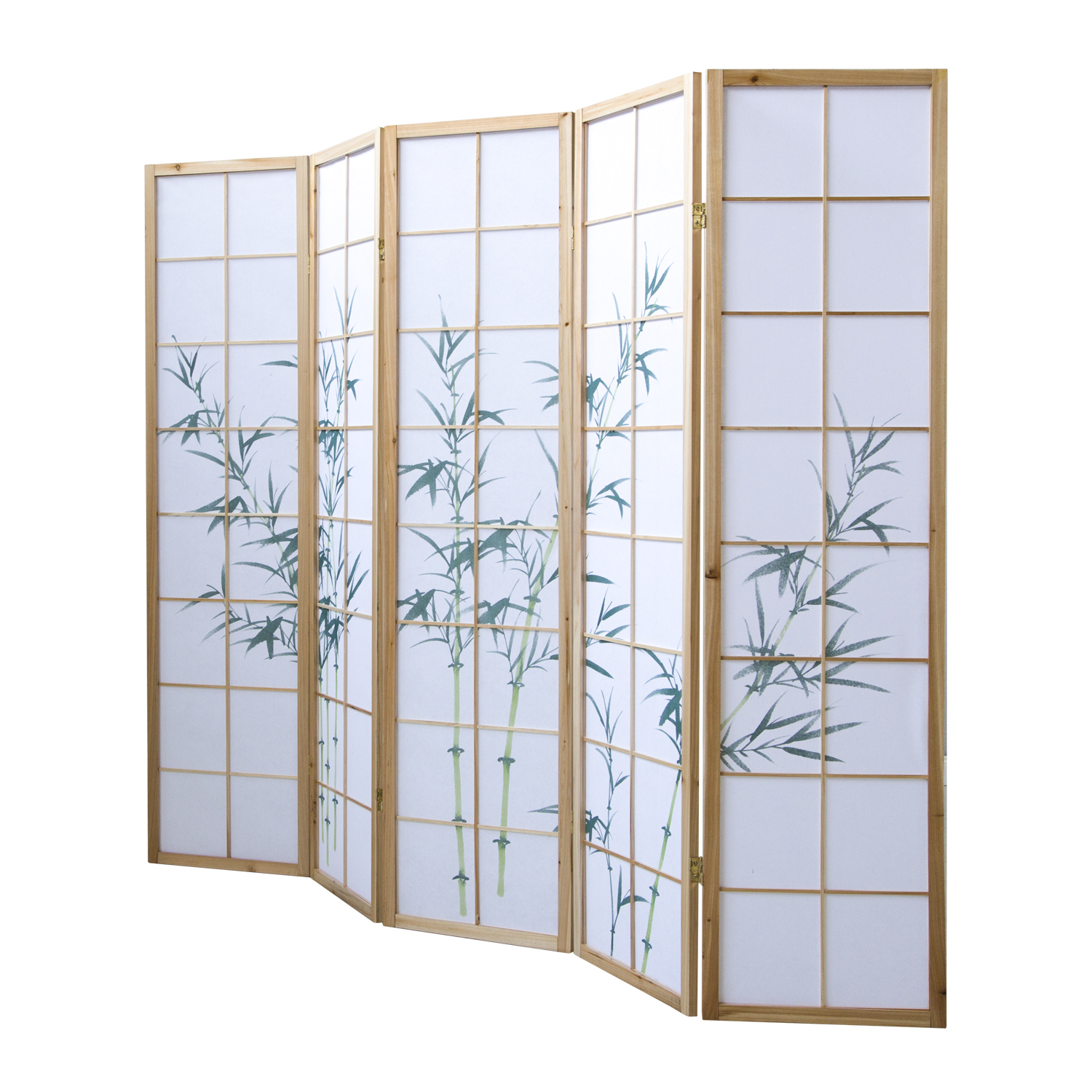 Paravent Raumteiler 5 teilig, Holz Natur, Reispapier Weiß, Bambusmuster, Höhe 175 cm					