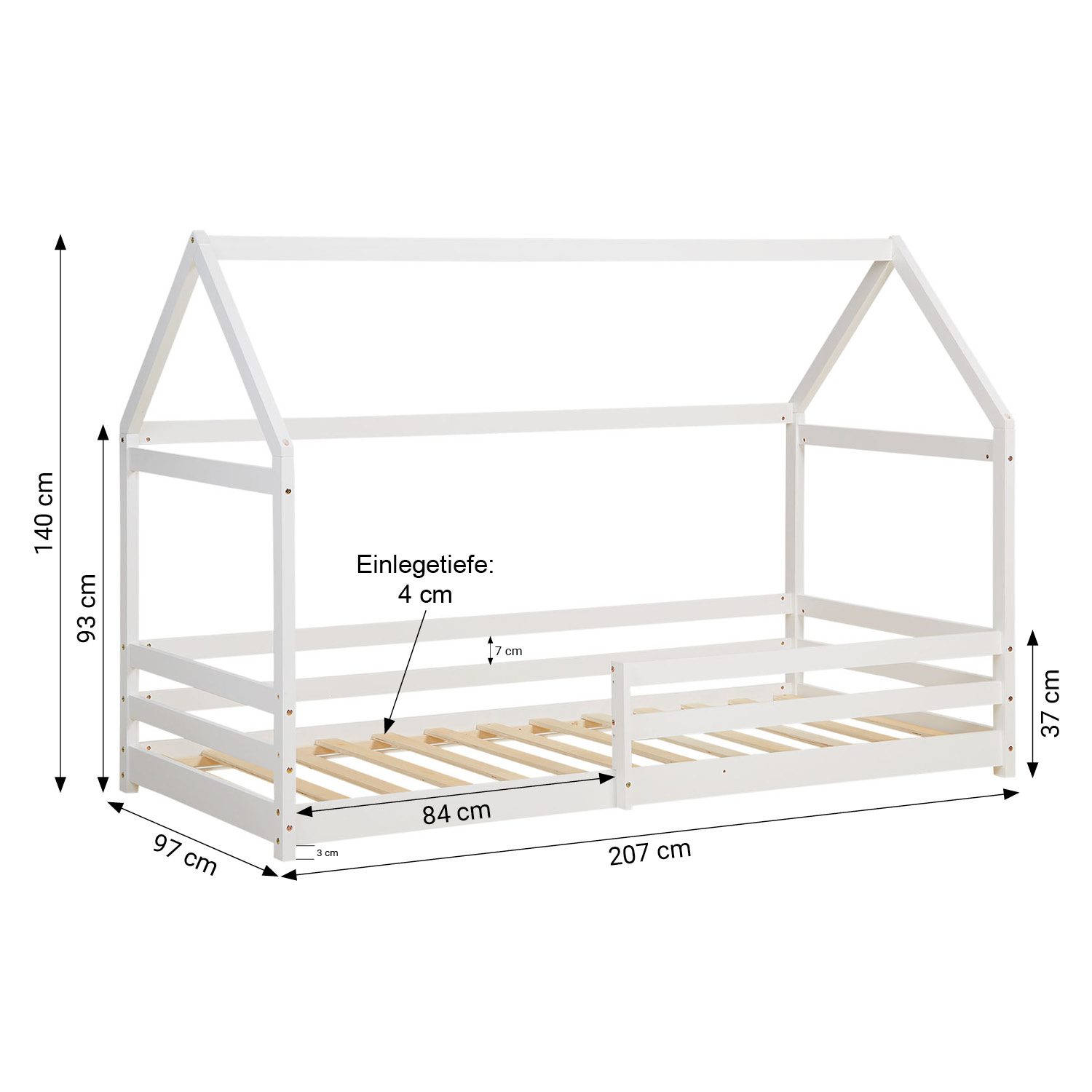Children's Bed 90x200 cm White | House Bed with Fall Protection | Montessori | Single Bed | with Slatted Frame | Wood