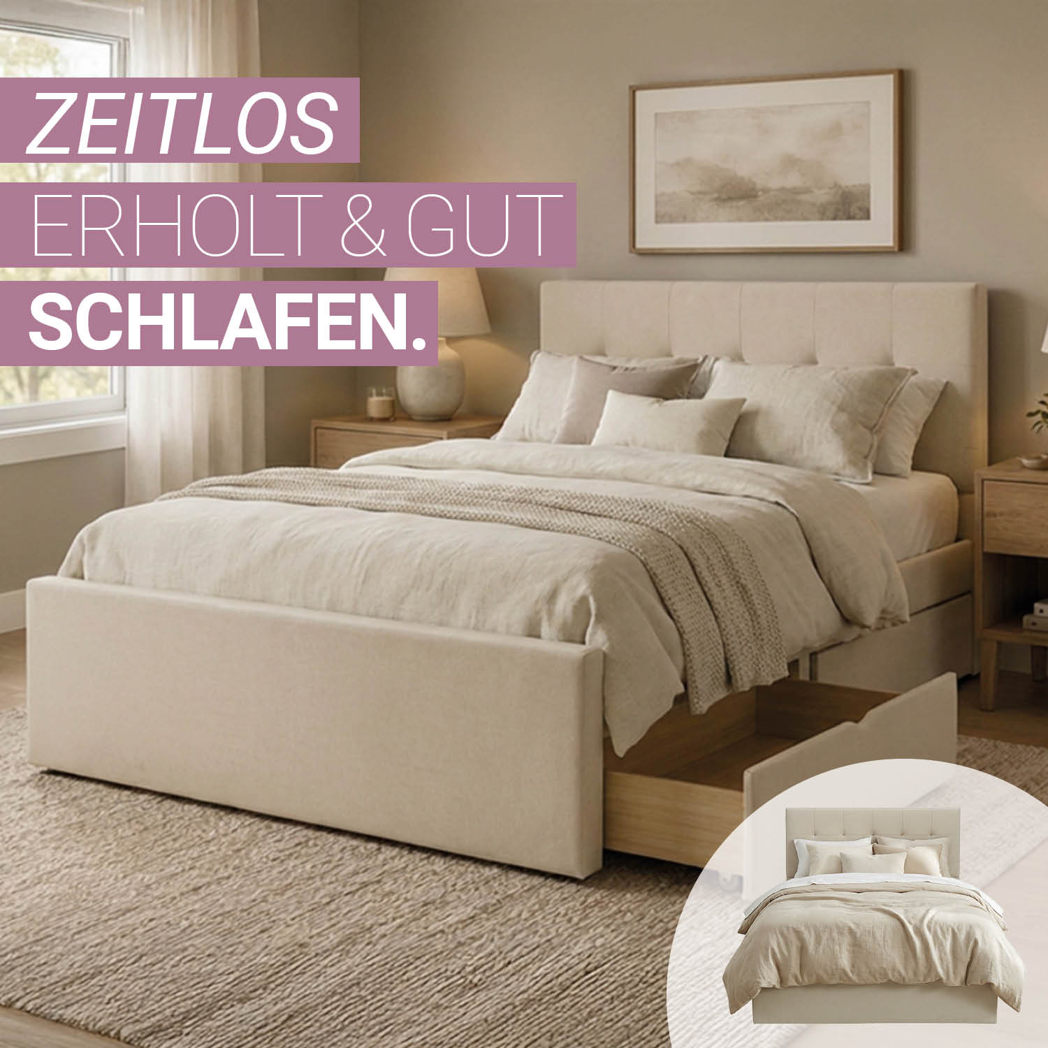 Upholstered bed 140x200 cm beige | with slatted frame | with 2 bed drawers | double fabric bed frame