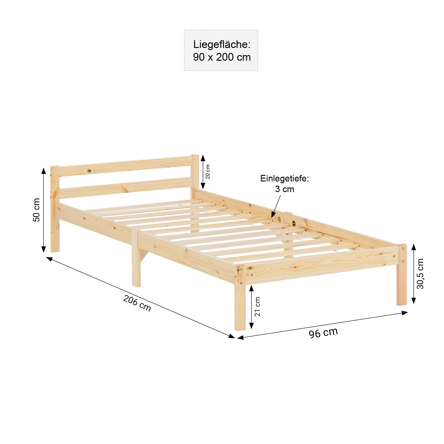 Wooden Bed 90x200 cm Natural – Solid Wood Single Bed with Slatted Base for Teenagers' Rooms, Guest Rooms, and Bedrooms